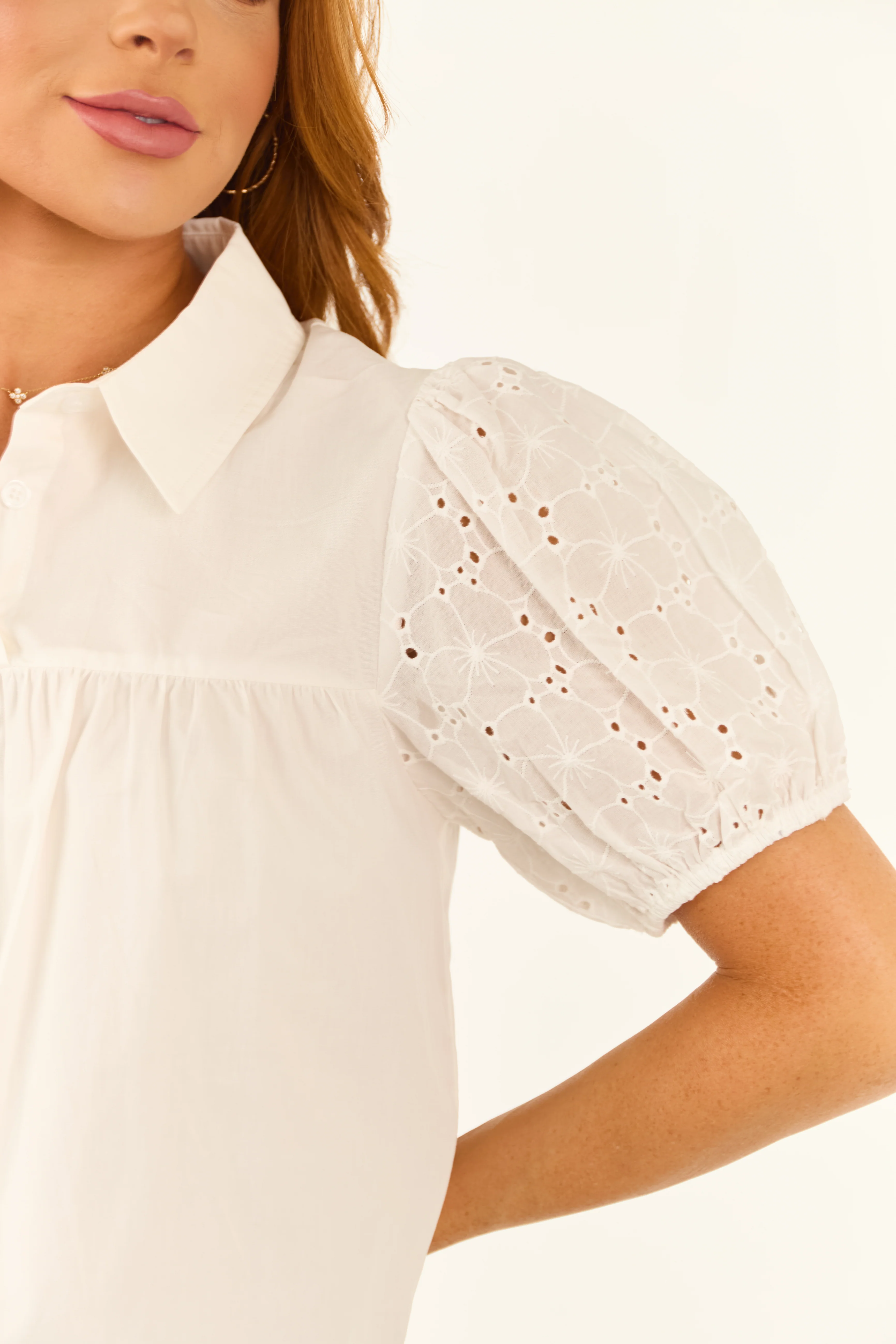 Ivory Collared Puff Eyelet Lace Sleeve Poplin Top - LD SALE