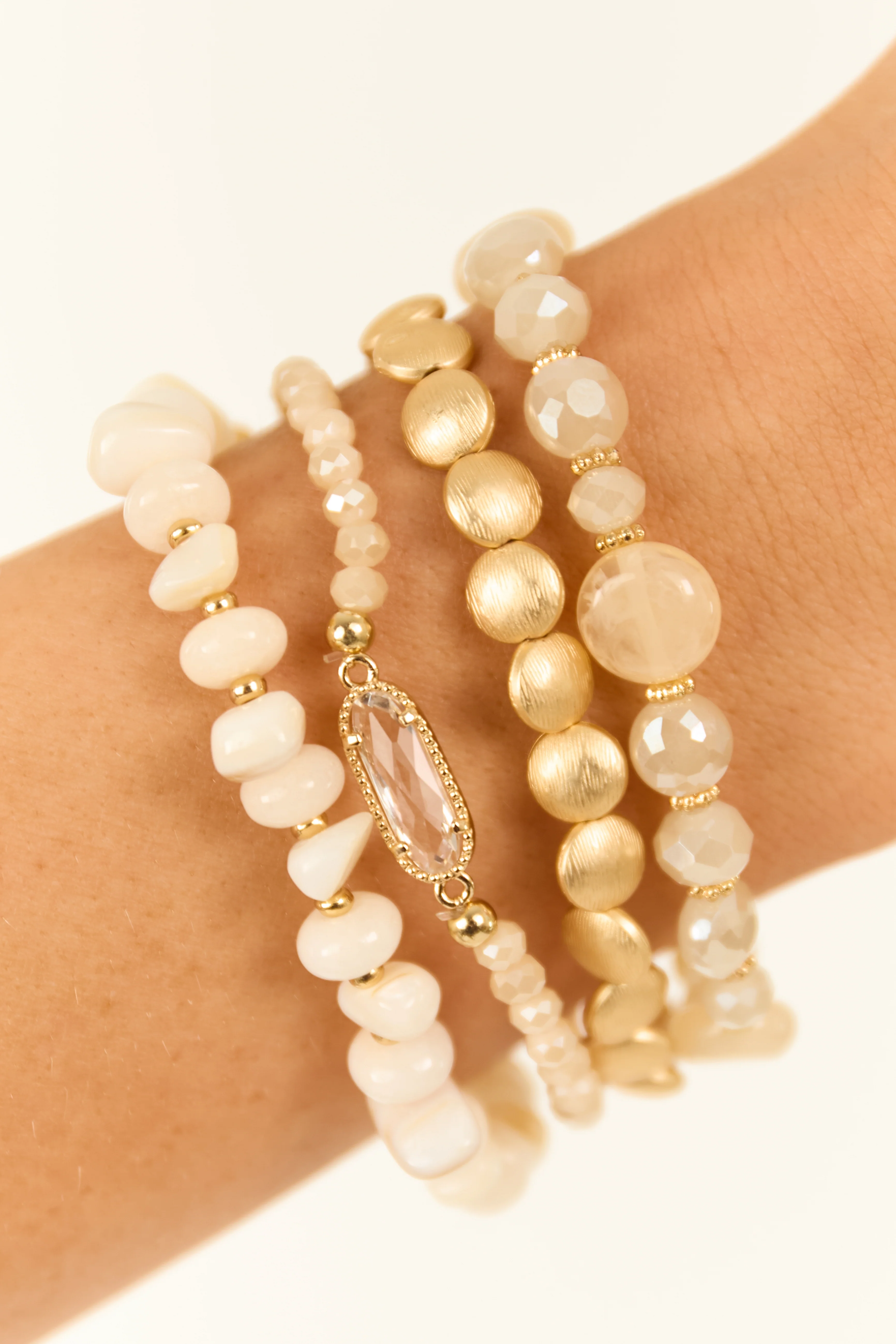 Gold Mixed Stone and Bead 4 Piece Bracelet Set - LD SALE