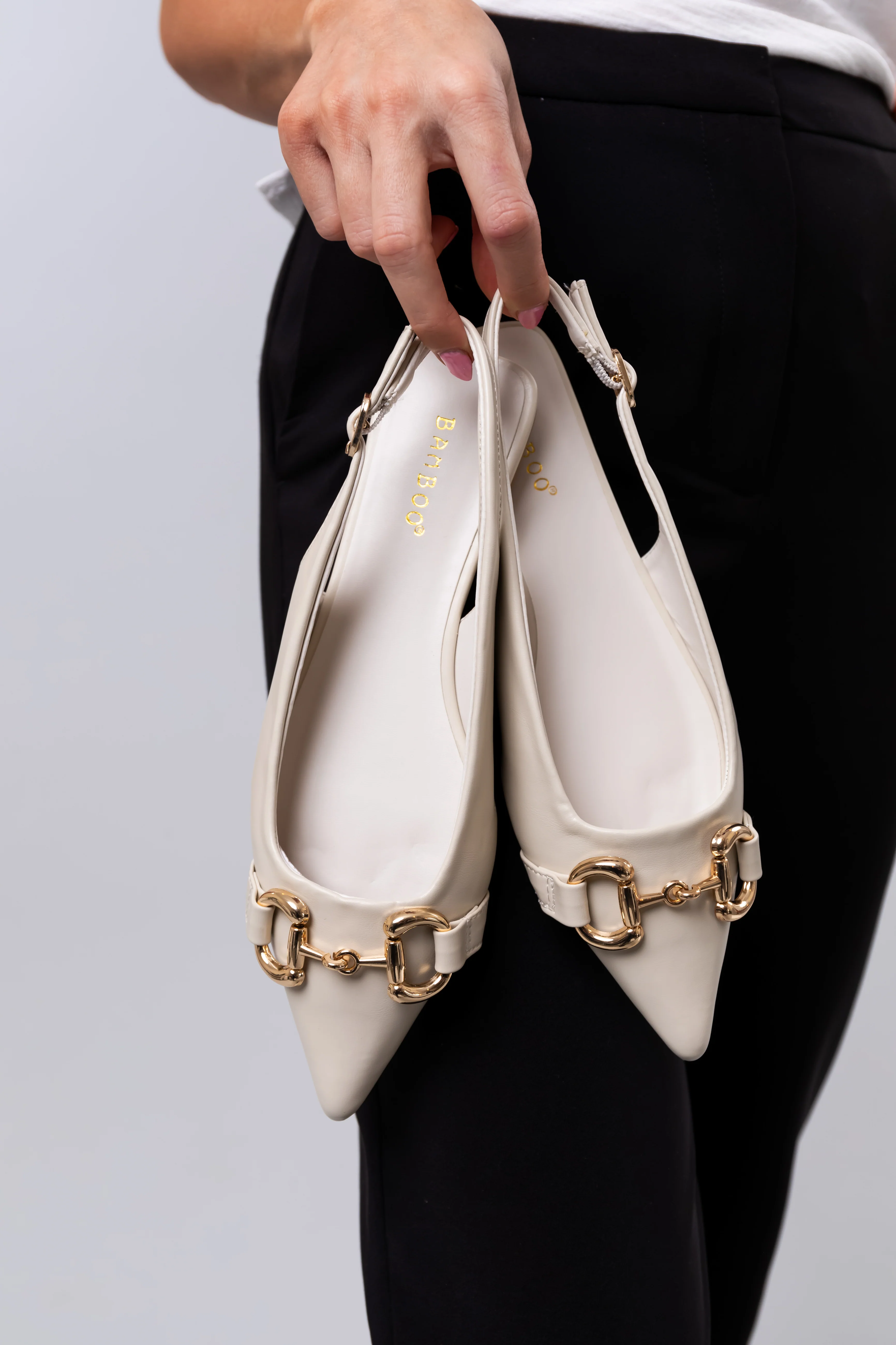 Ivory Pleather Pointed Toe Sling Back Flats - LD SALE