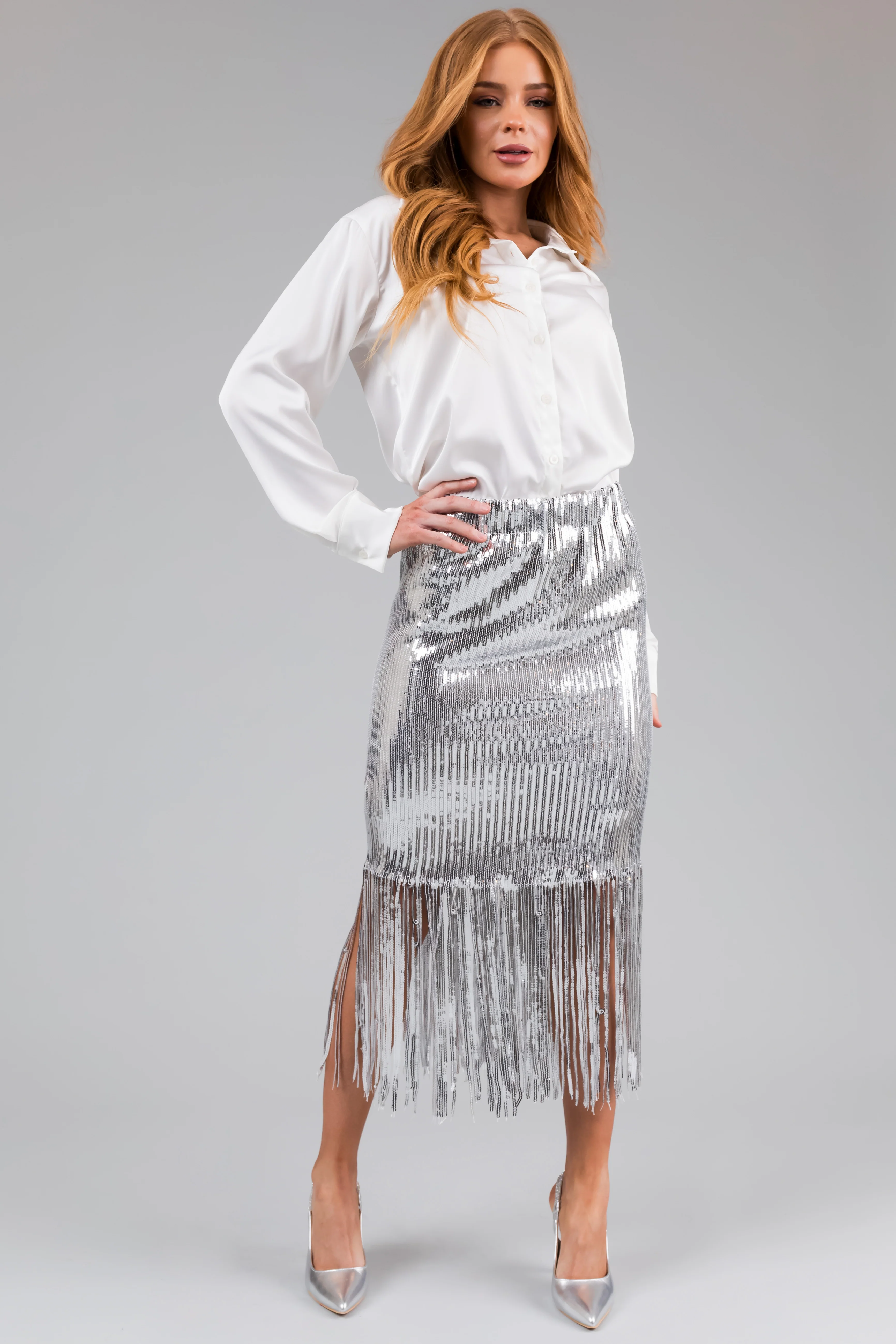 Silver Sequin Fringe Hemline Midi Skirt - LD SALE