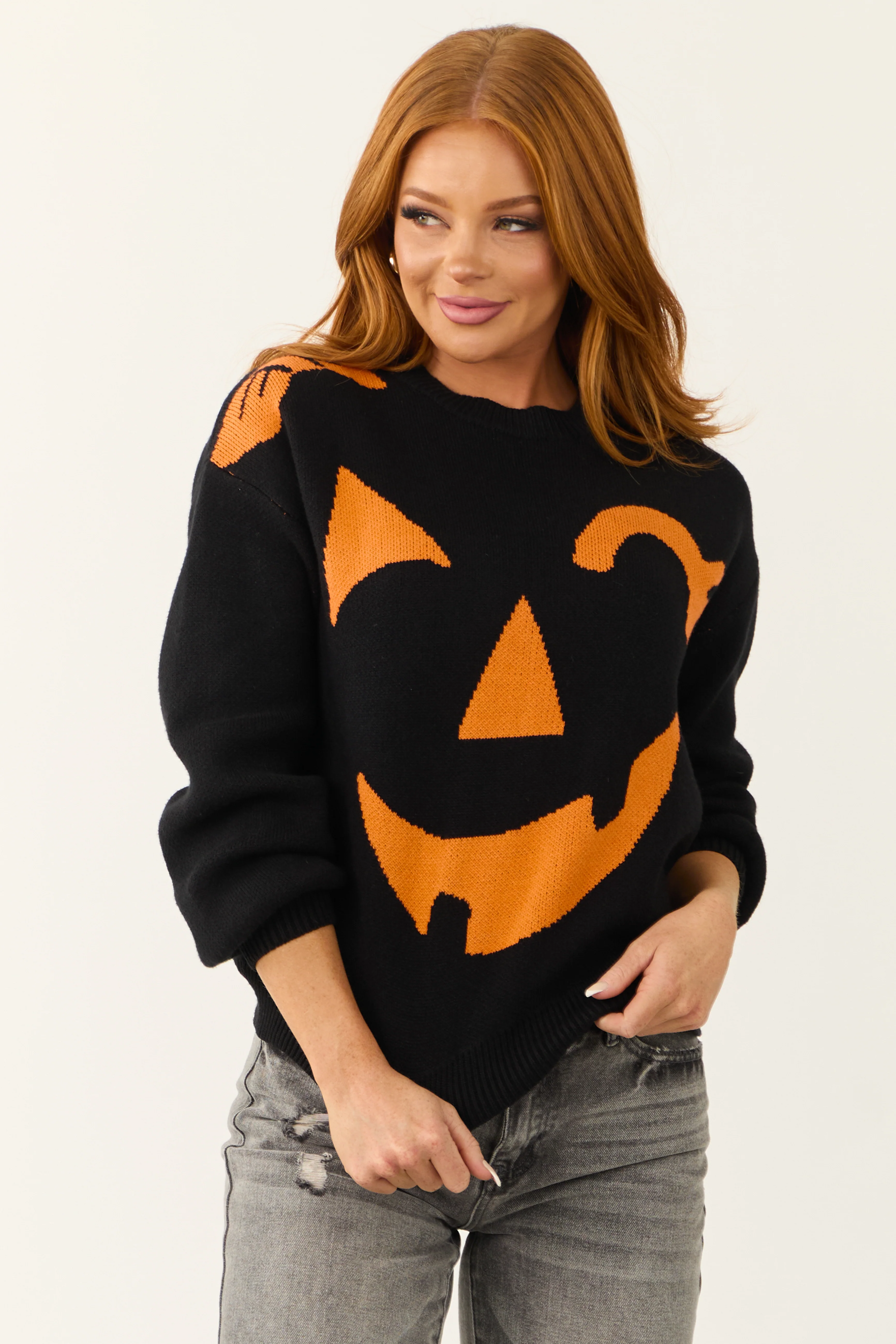 Black Jack-O-Lantern Graphic Soft Knit Sweater - LD SALE