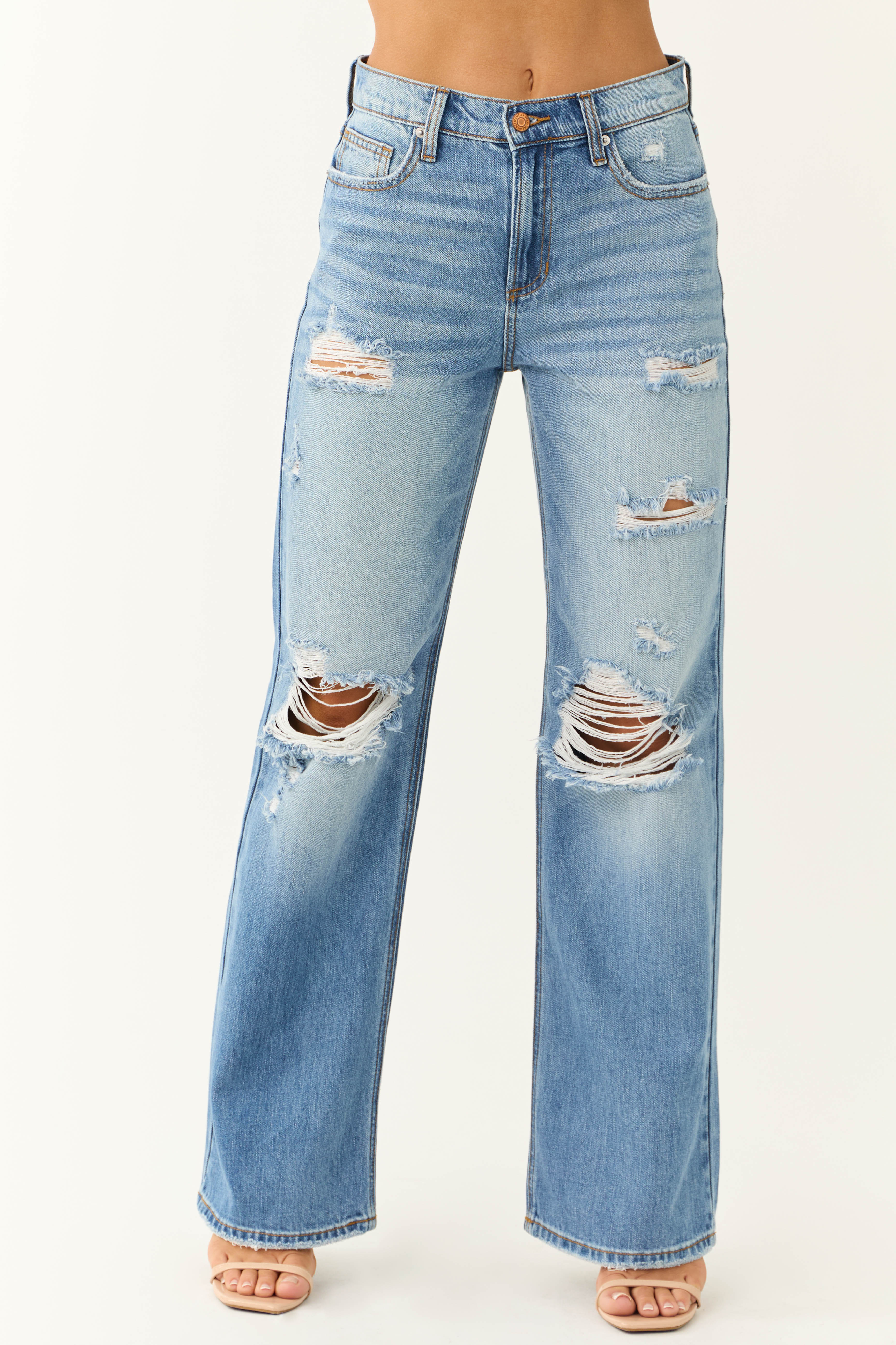 Sneak Peek Medium Wash Distressed Wide Jeans - LD SALE