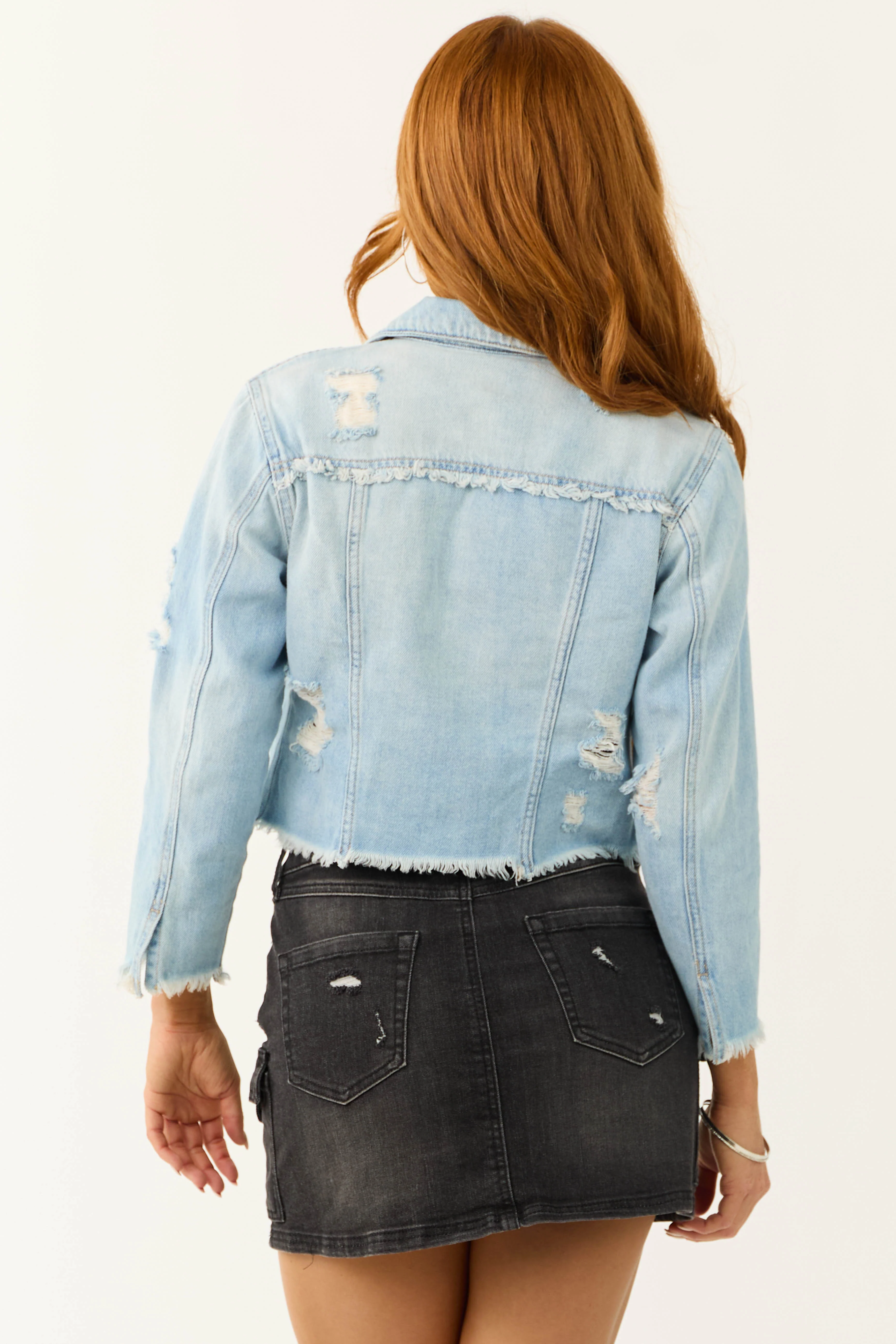 Cello Light Wash Mid Length Distressed Denim Jacket - LD SALE
