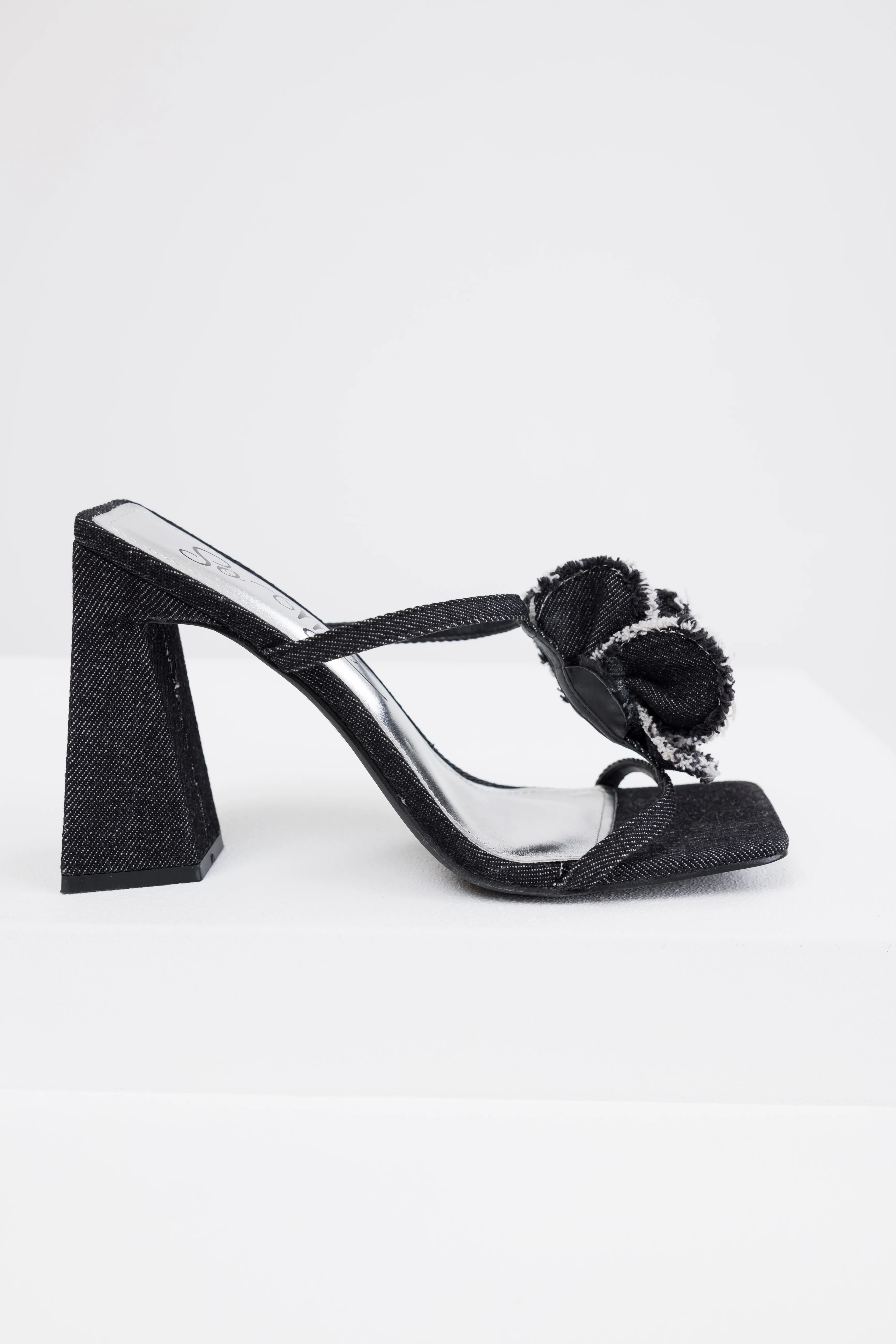 Black Denim Flower Detail Square Toe Heels - LD SALE