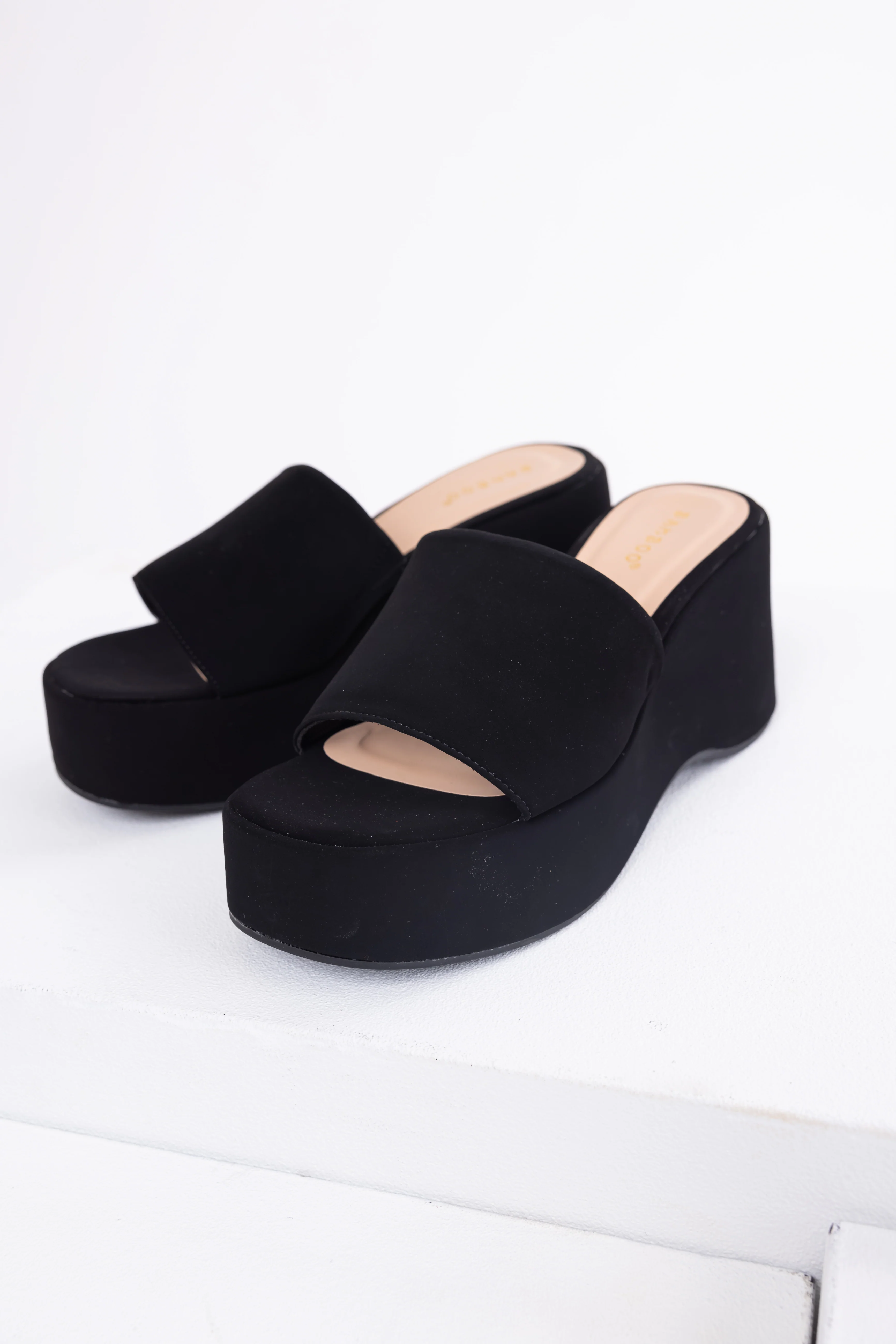 Black Soft Suede Platform Wedge Sandals - LD SALE