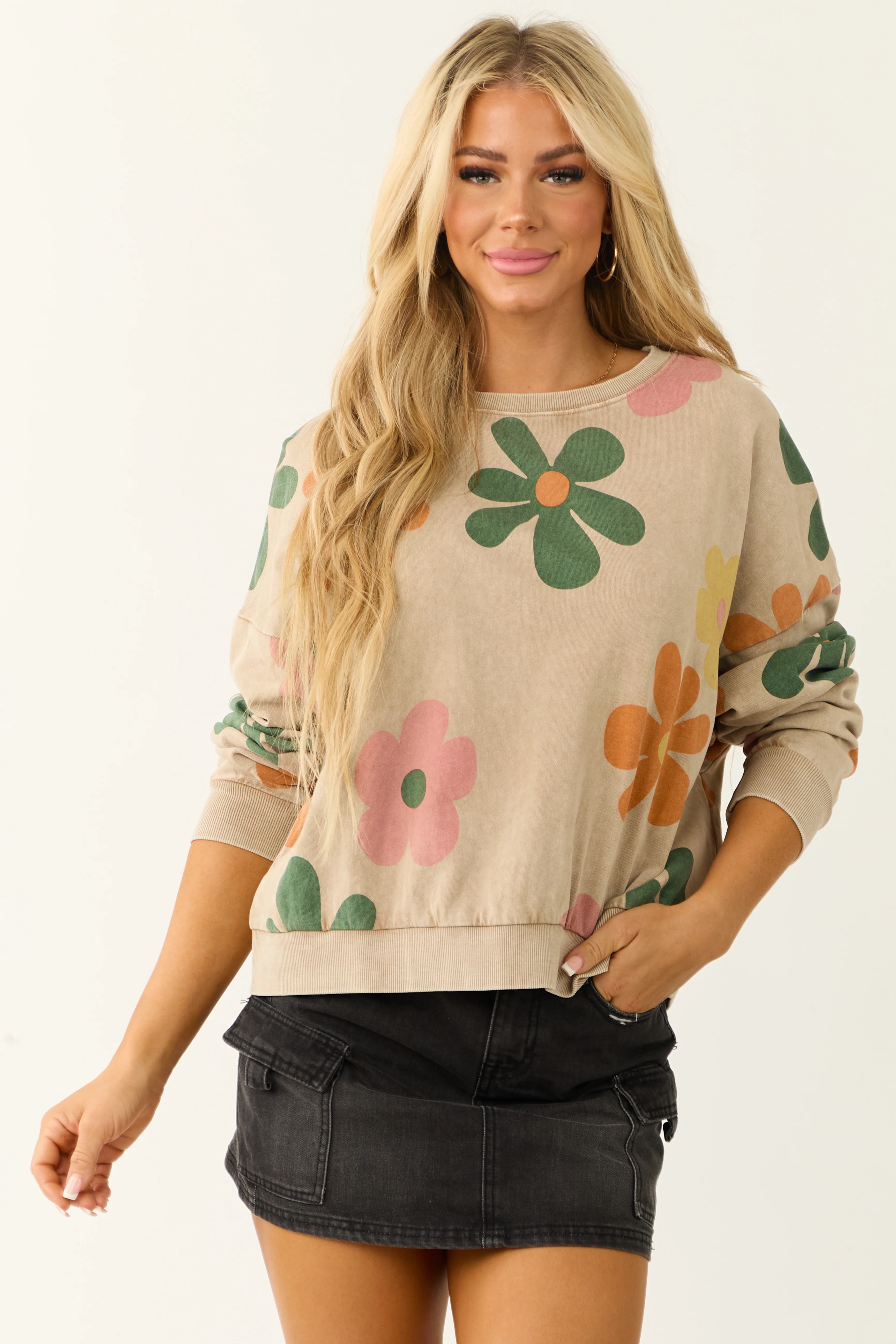 Latte Mineral Wash Flower Print Sweatshirt - LD SALE