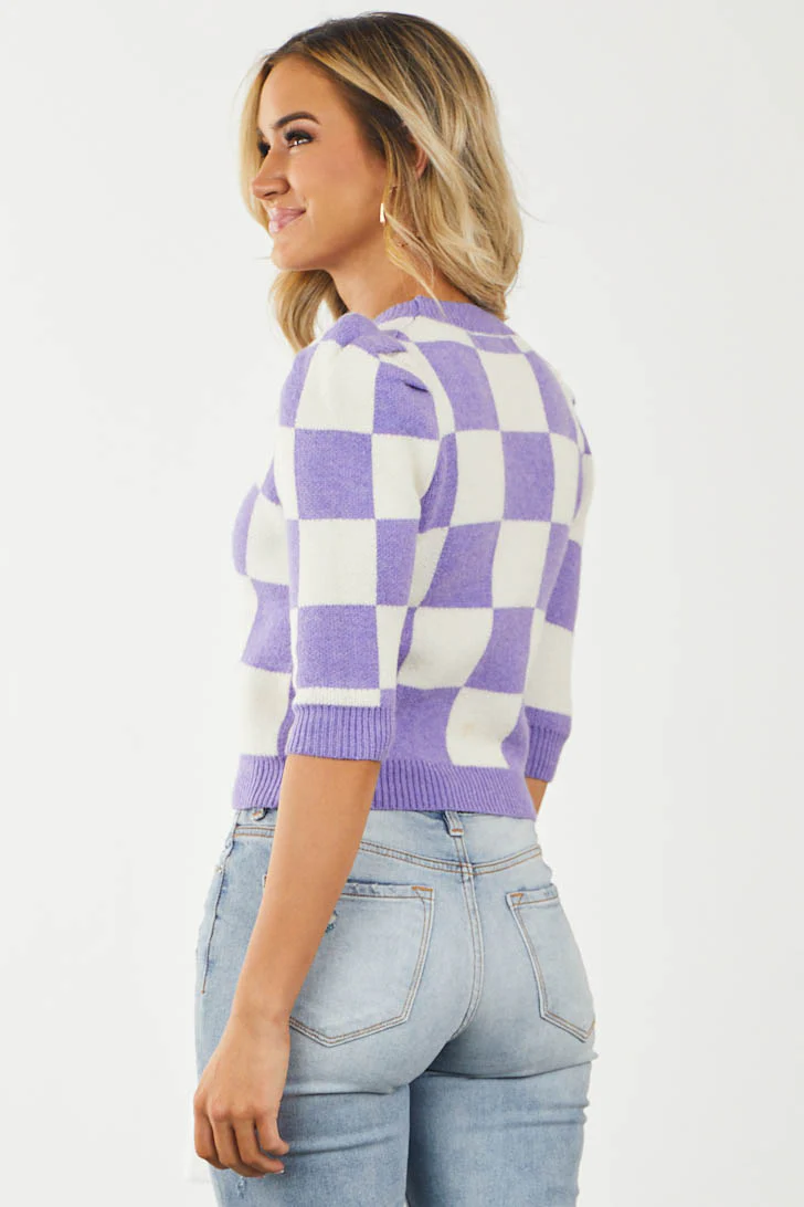 Iris and Ivory Checkered Puff Sleeve Sweater - LD SALE