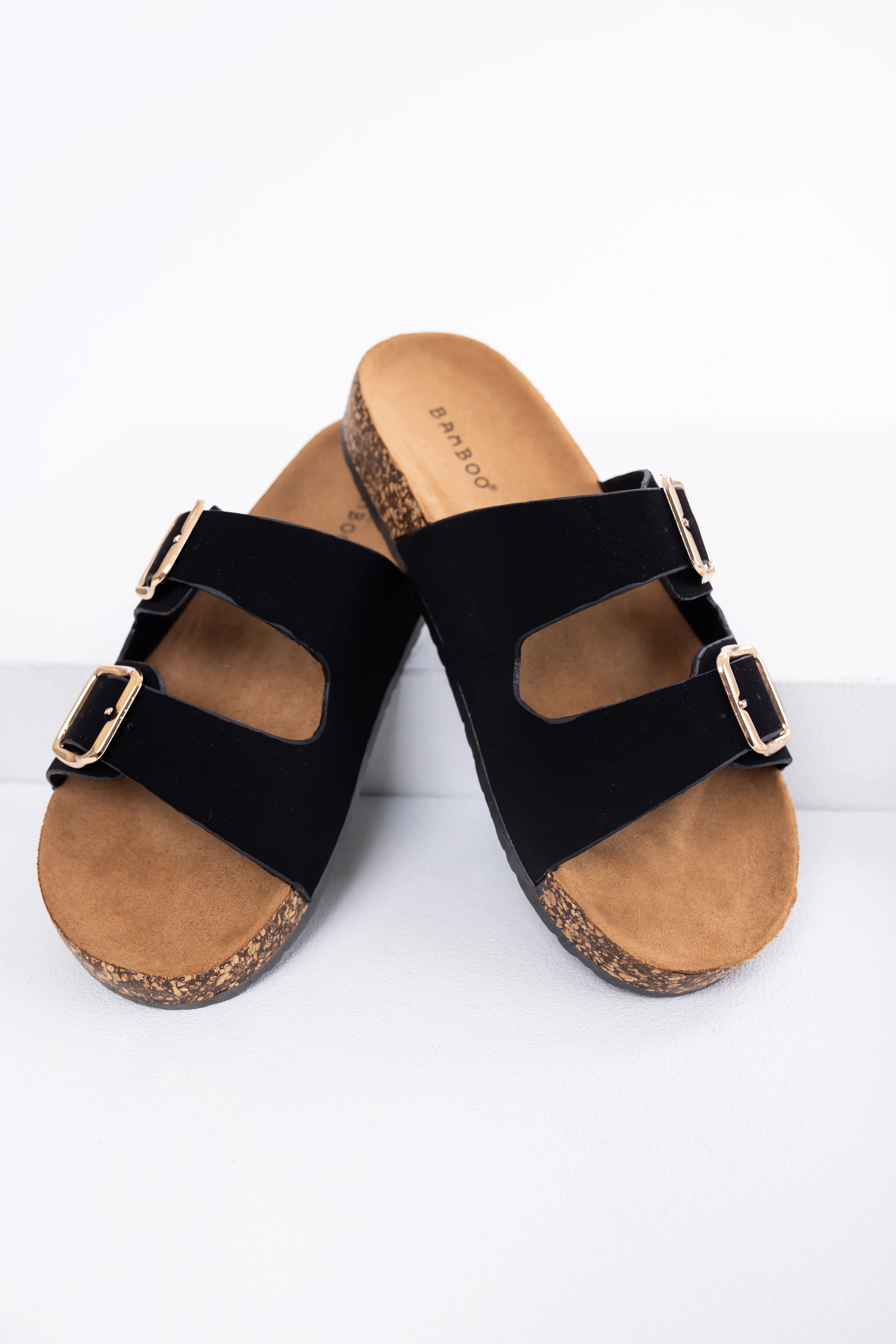 Black Double Buckle Slide On Sandals - LD SALE