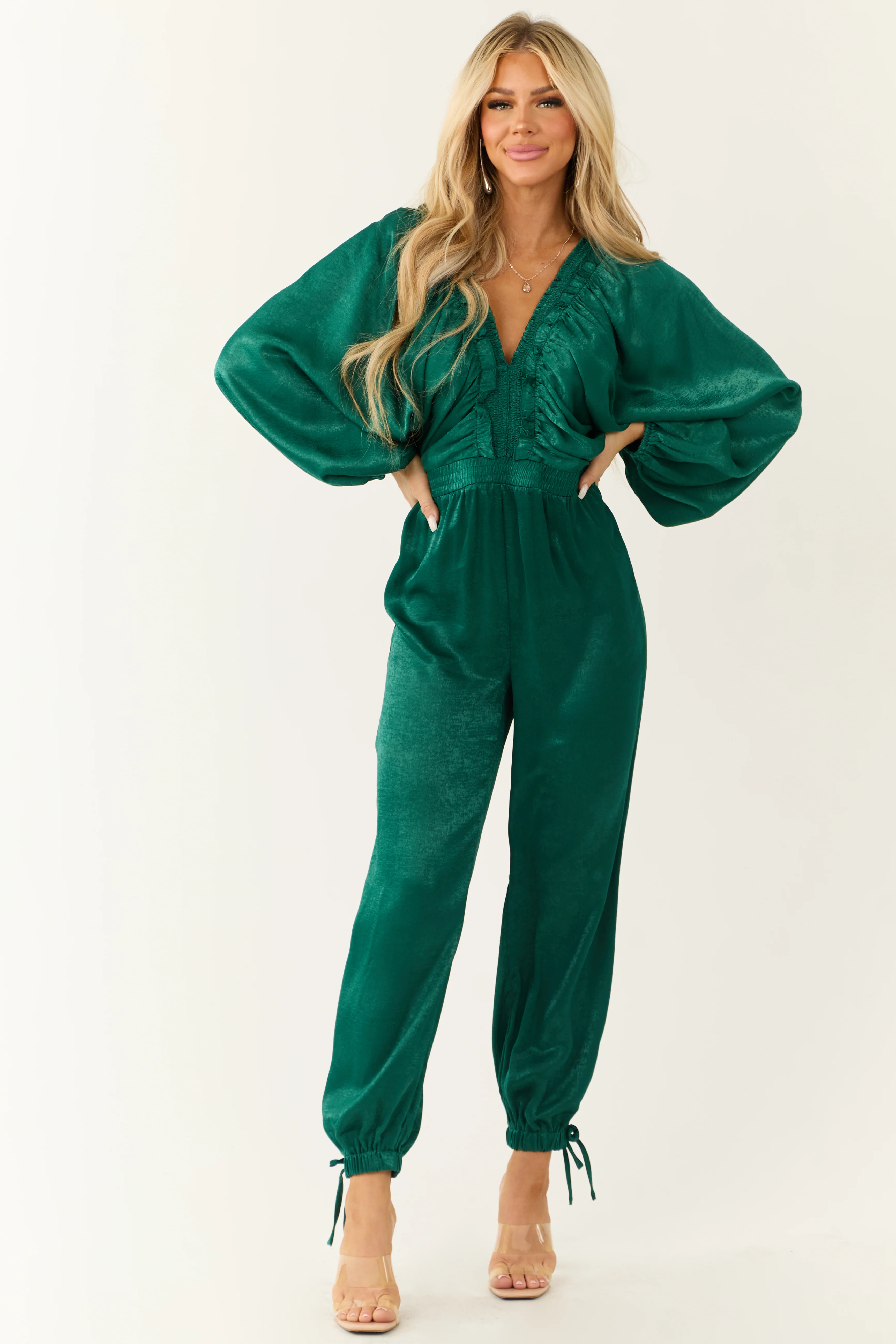 Emerald Textured Satin Deep V Neck Jumpsuit - LD SALE
