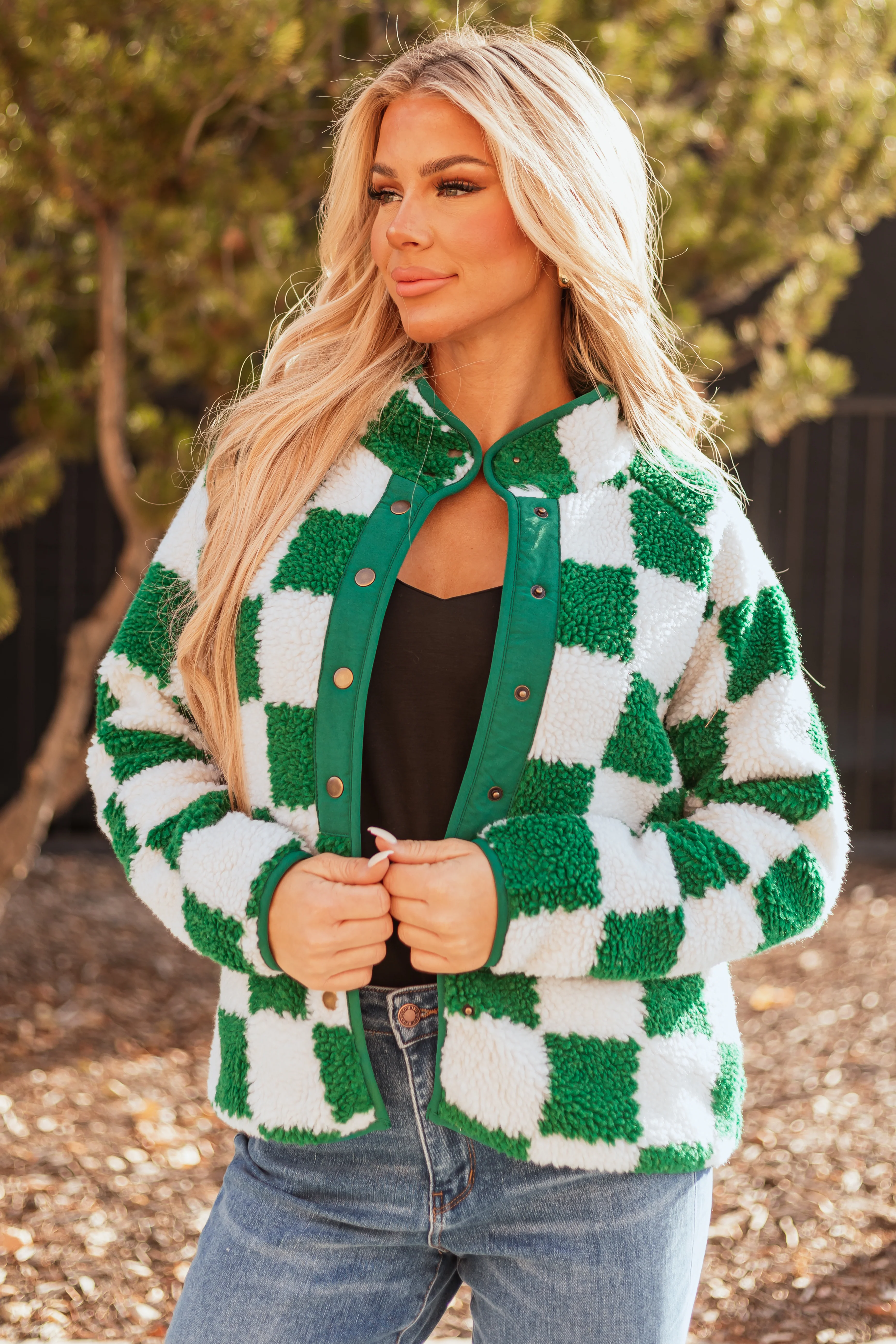 Hunter Green Checkered Button Down Sherpa Jacket - LD SALE