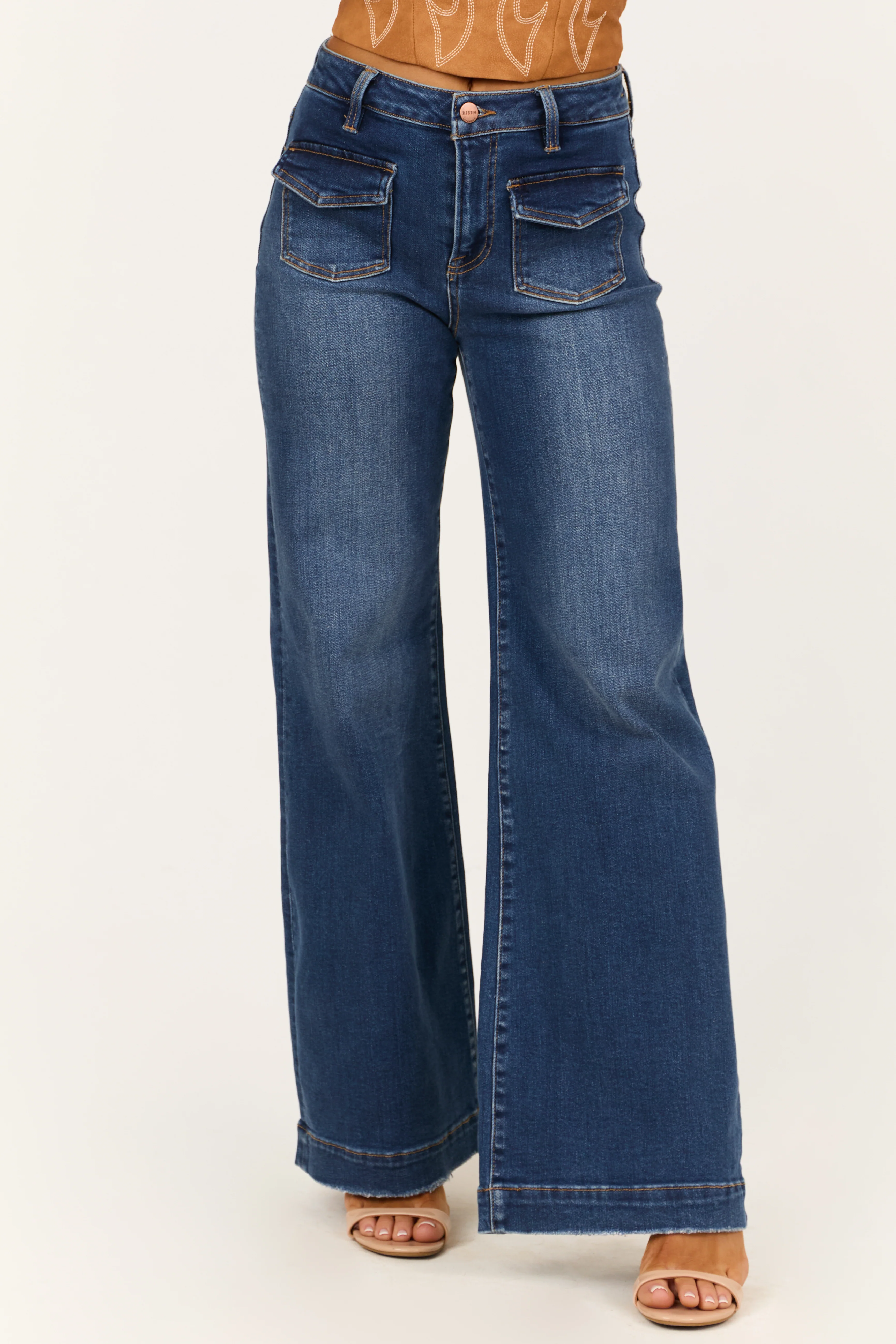 Risen Dark Wash Front Patch Pocket Wide Leg Jeans - LD SALE
