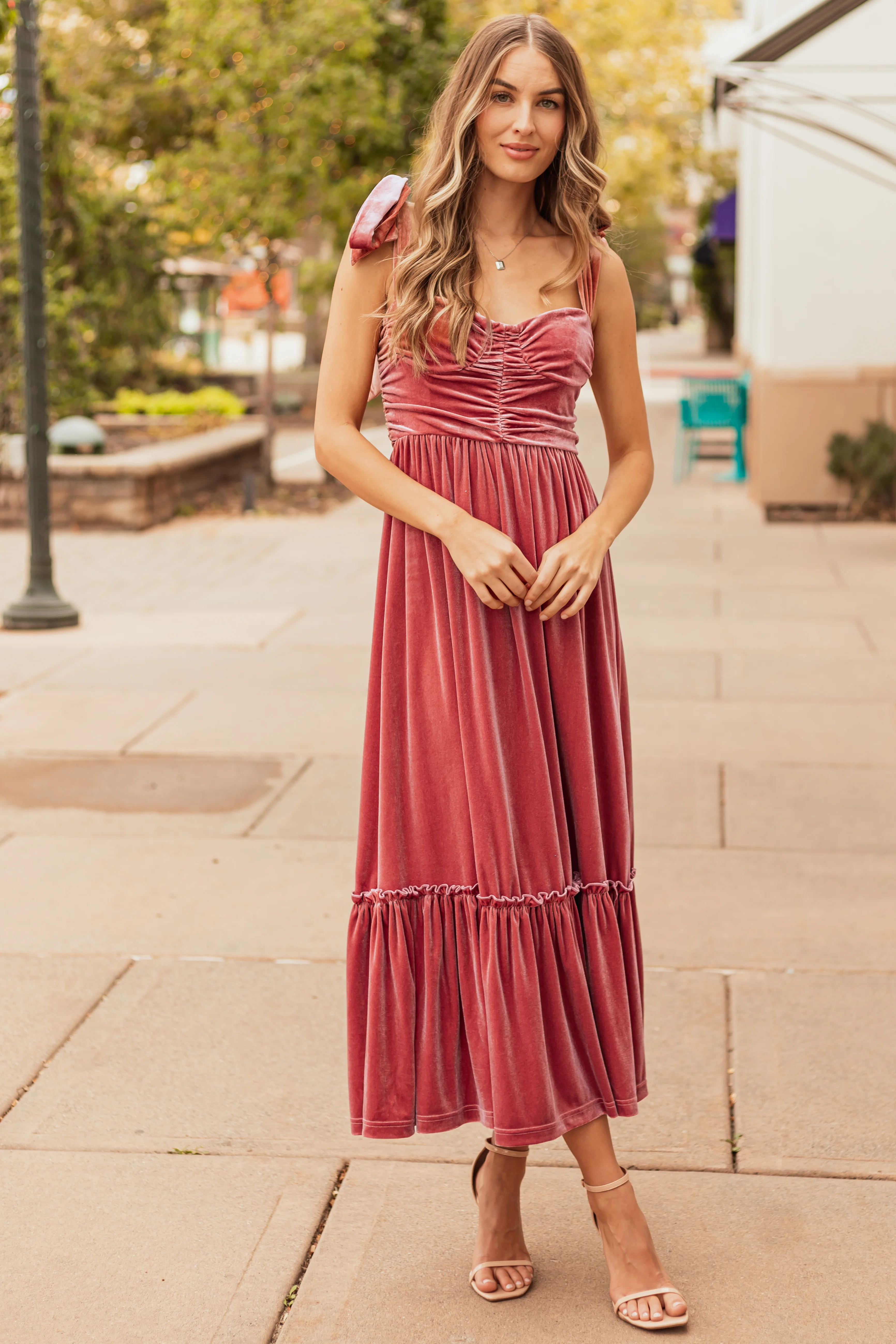 Punch Velvet Tie Straps Ruched Maxi Dress - LD SALE