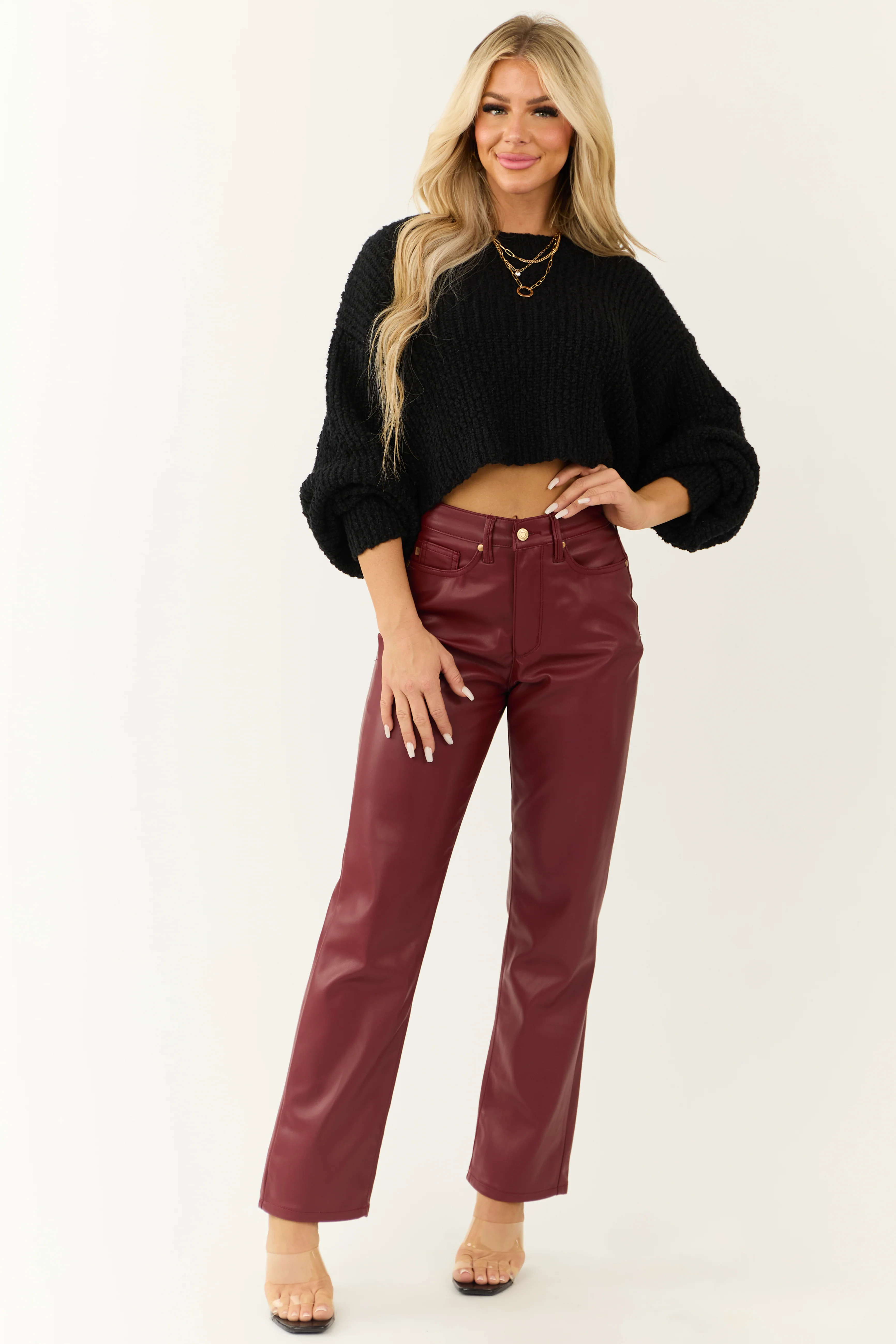 Judy Blue Burgundy Faux Leather Tummy Control Pants - LD SALE
