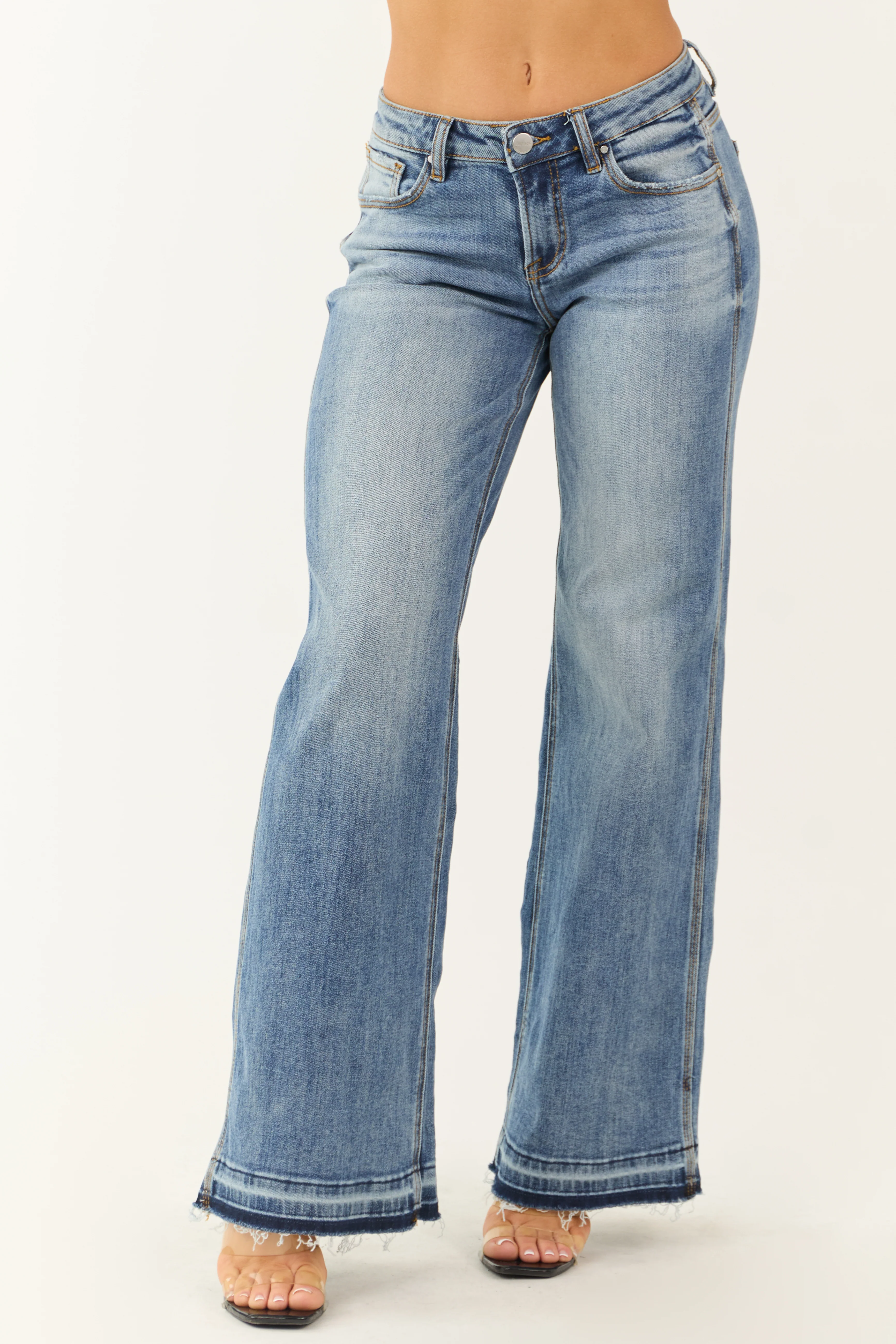 Risen Medium Wash Wide Leg Released Hem Jeans - LD SALE