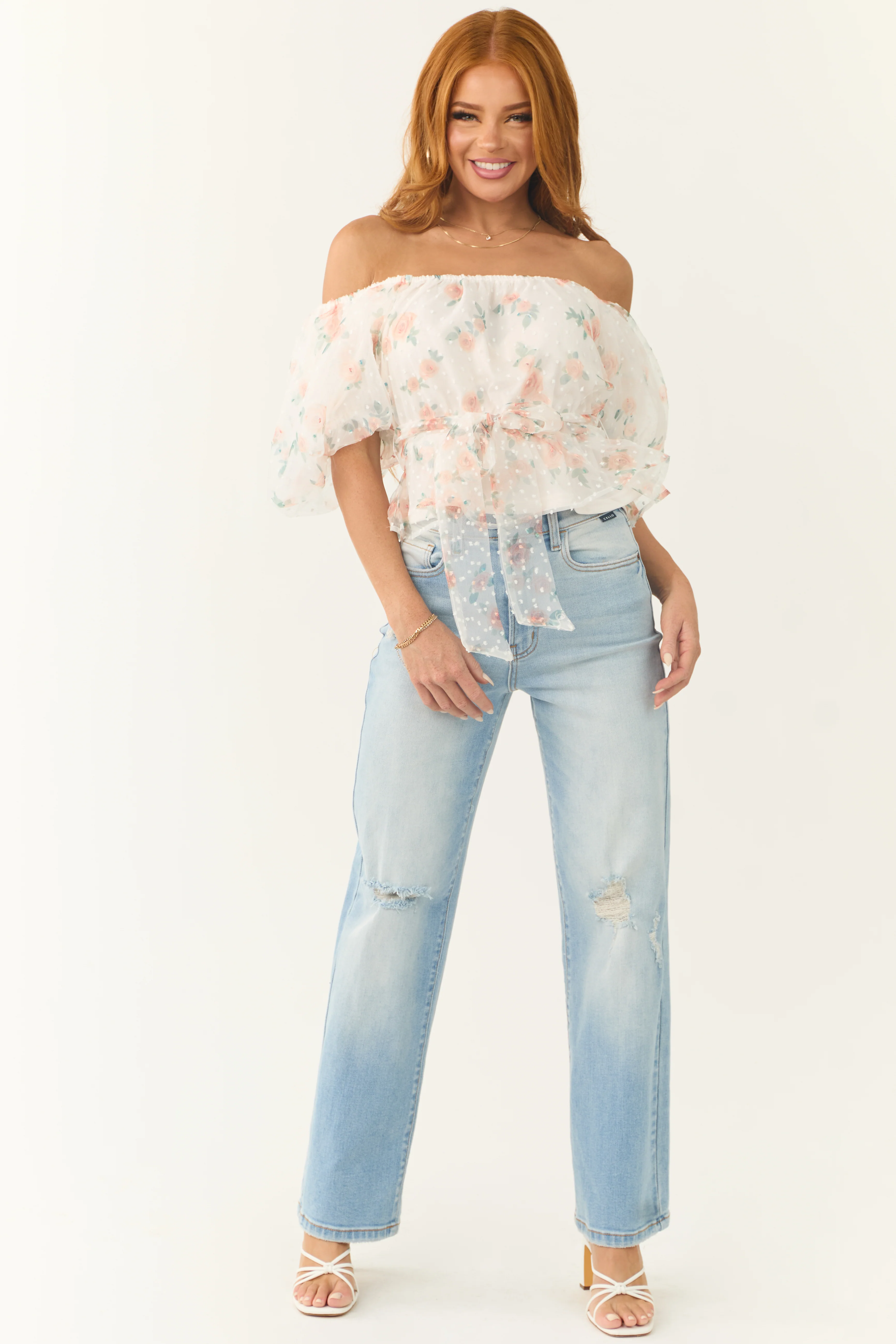 Ivory Tulle Floral Print Puff Sleeve Top - LD SALE