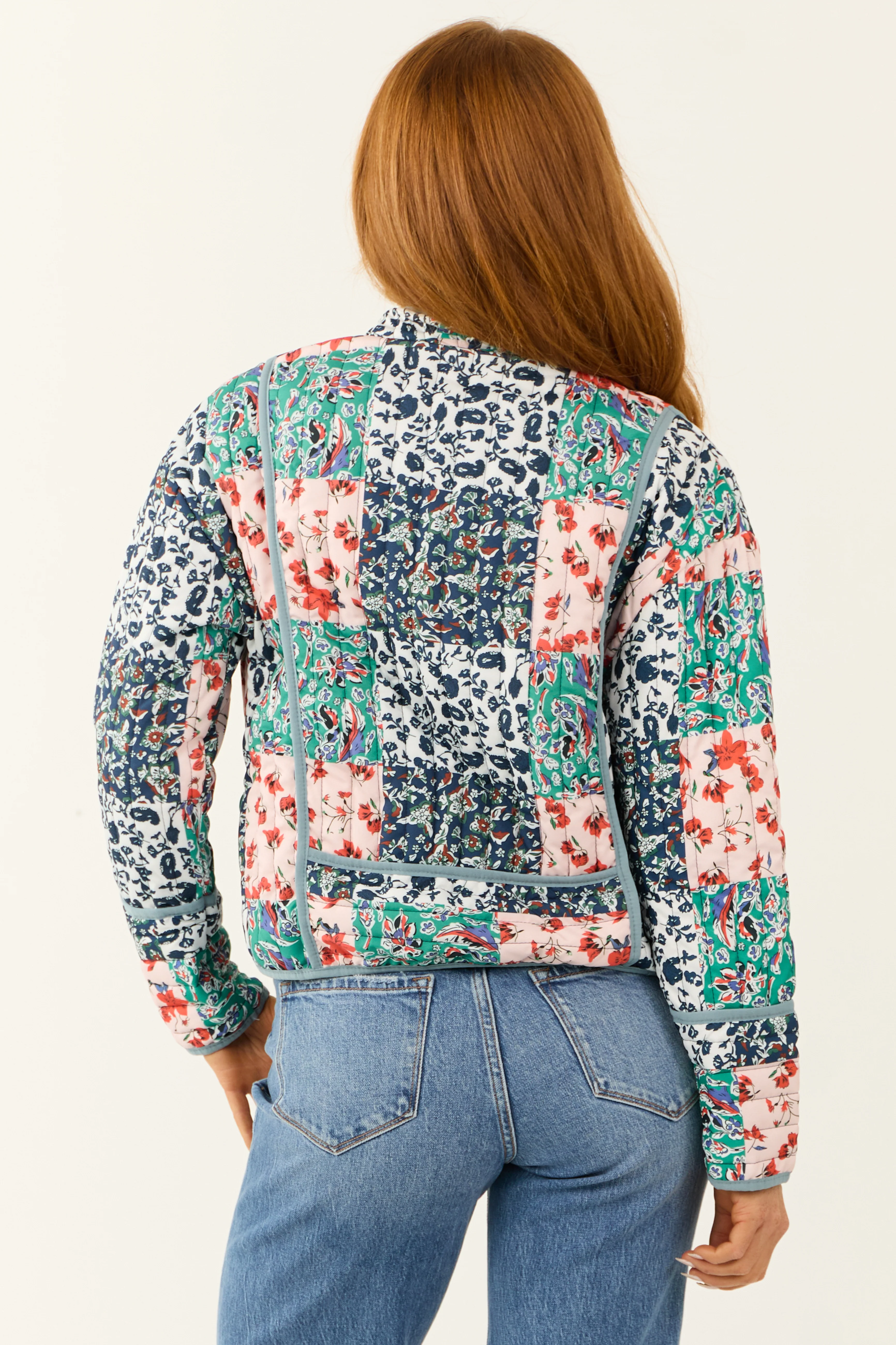 Slate Blue Floral Multiprint Quilted Jacket - LD SALE