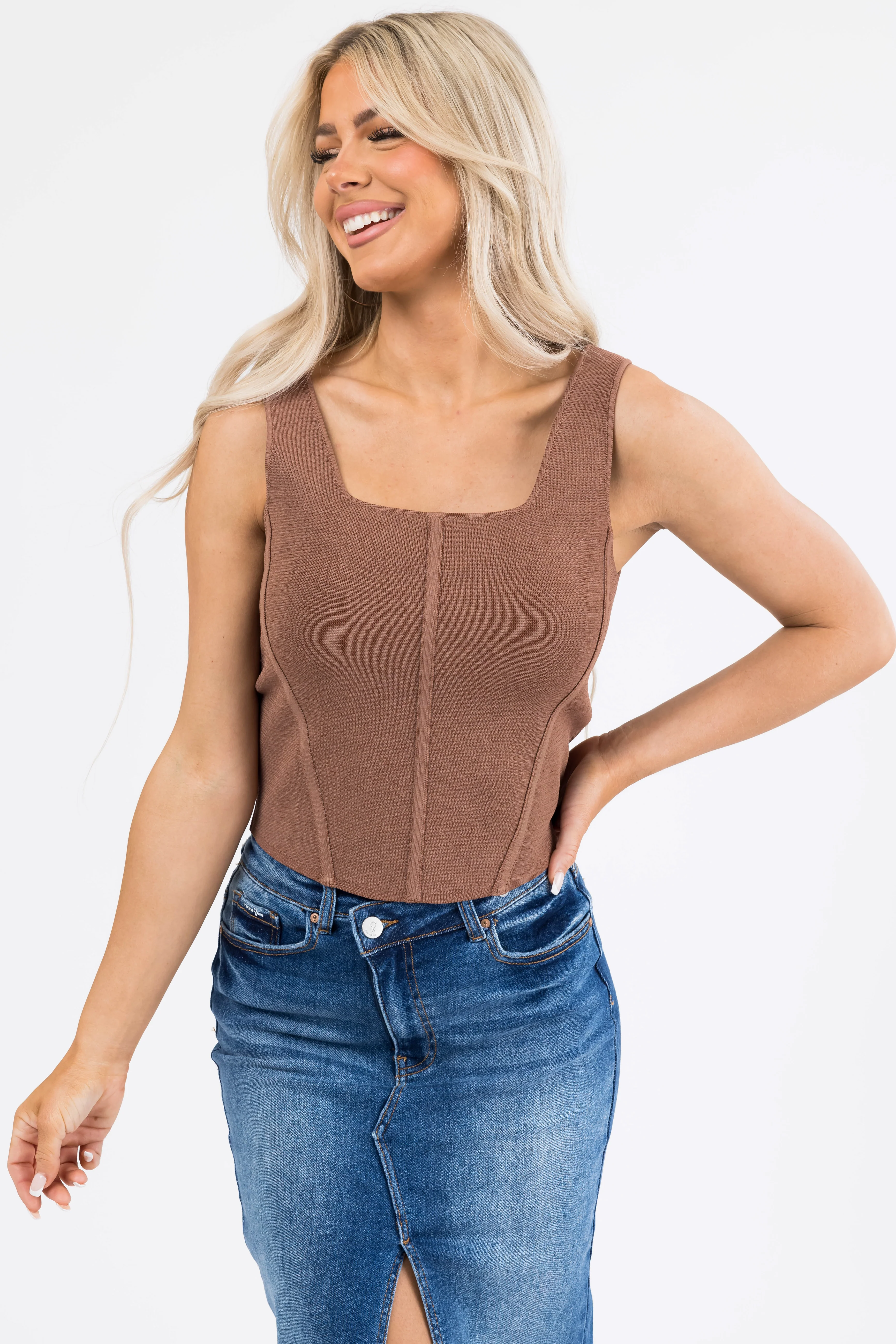 Coffee Square Neck Thick Sleeveless Crop Top - LD SALE