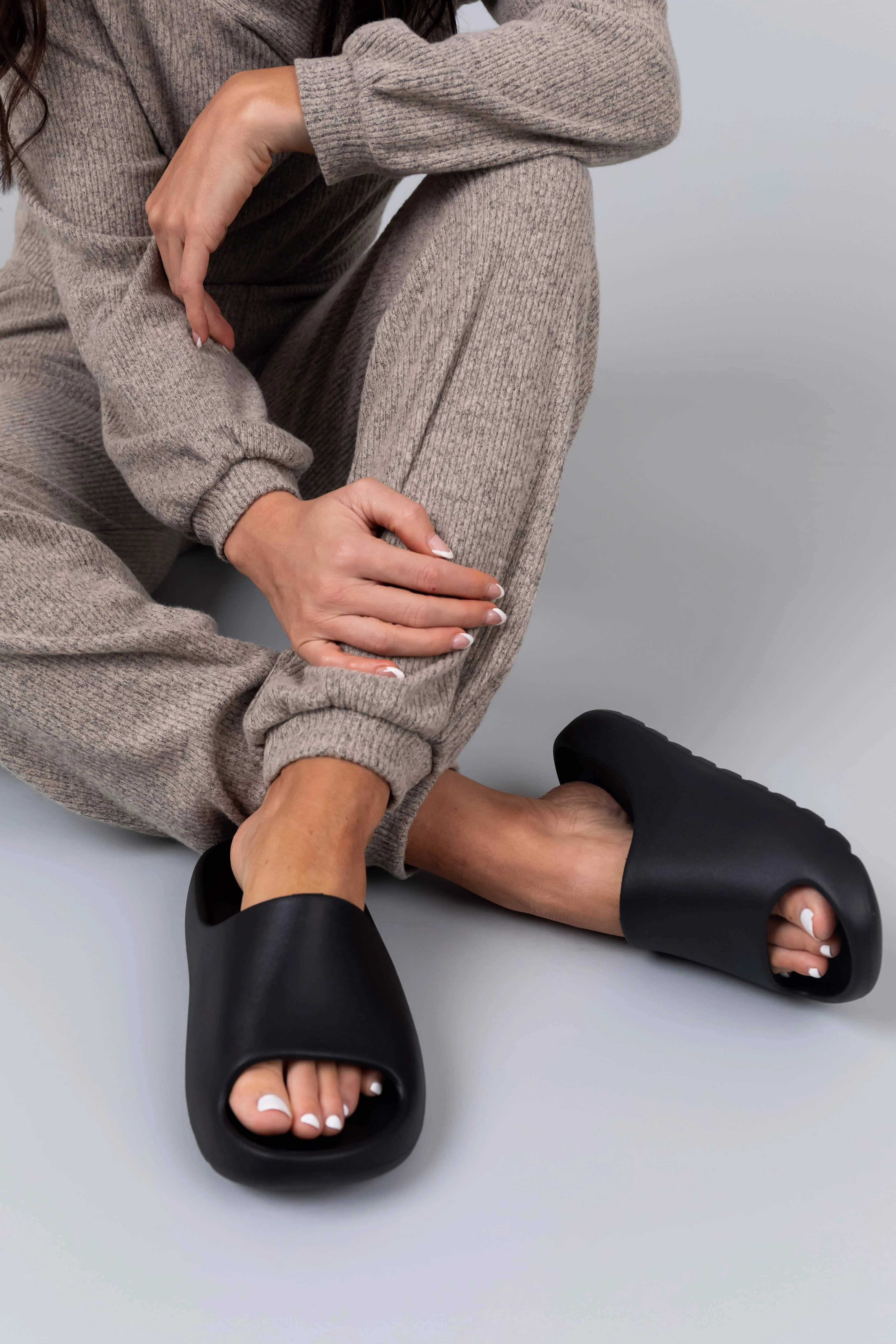 Black Solid Foam Slide Sandals - LD SALE