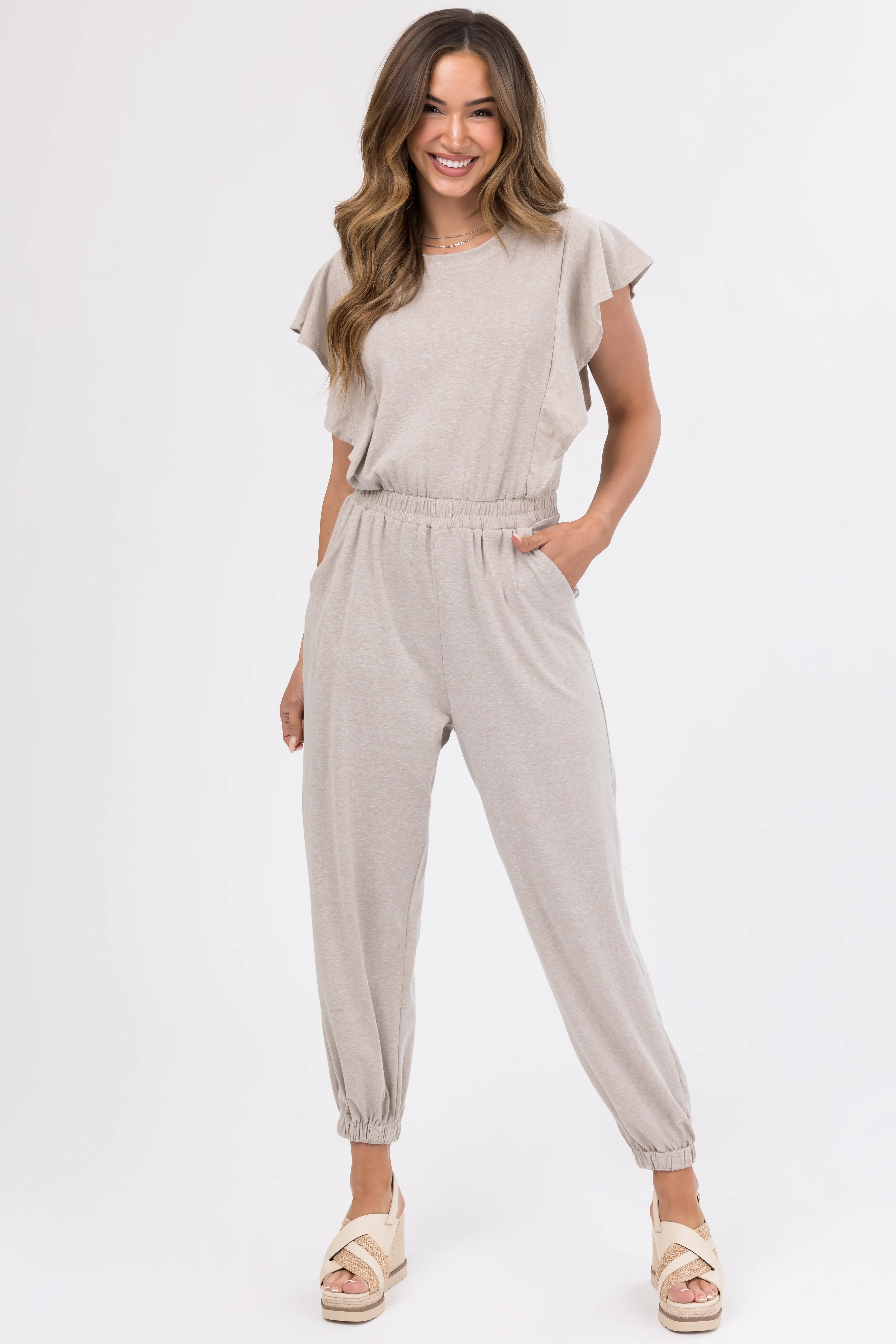 Oatmeal Ruffle Short Sleeve Soft Knit Jumpsuit - LD SALE