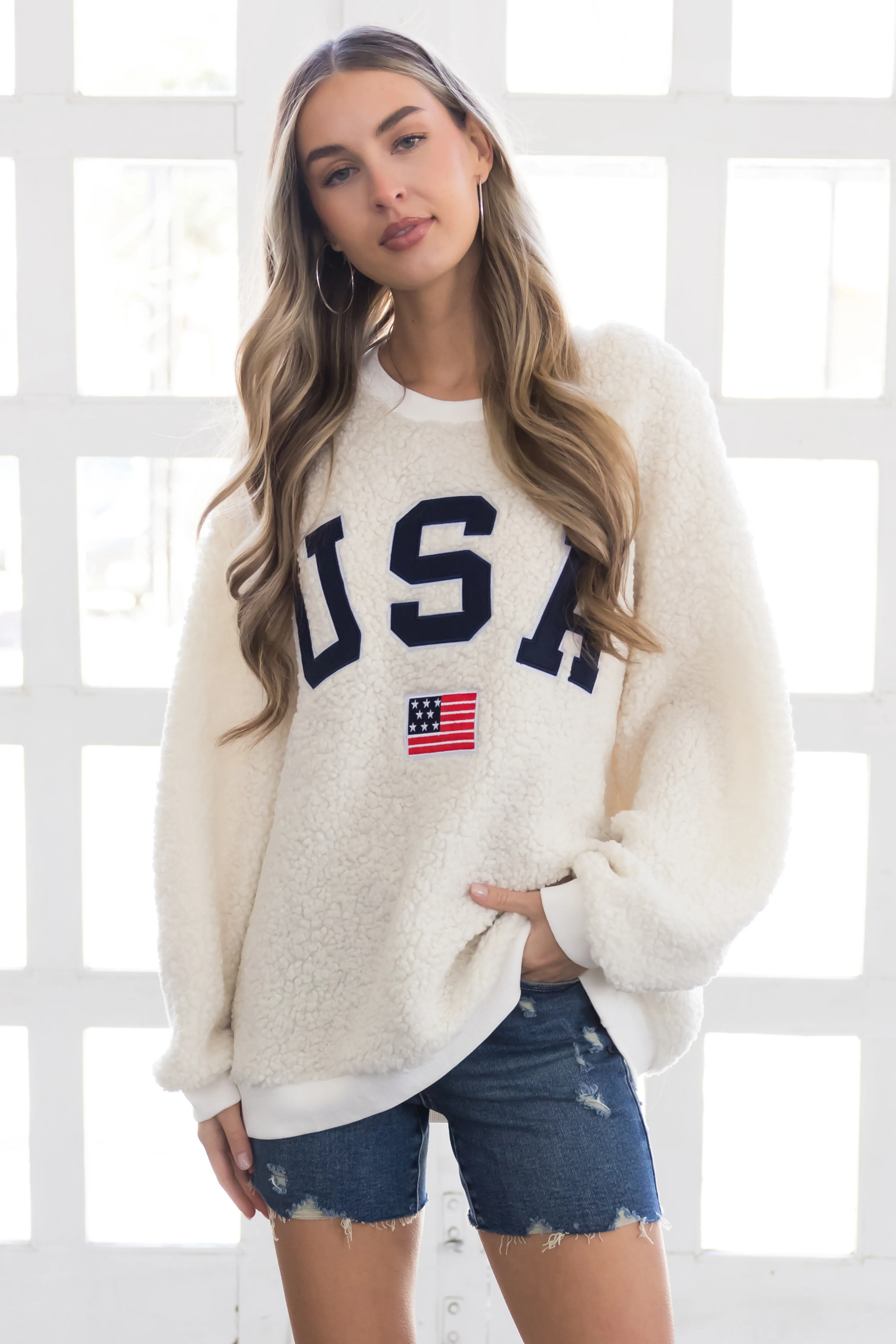 Cream Sherpa 'USA' Embroidered Pullover - LD SALE