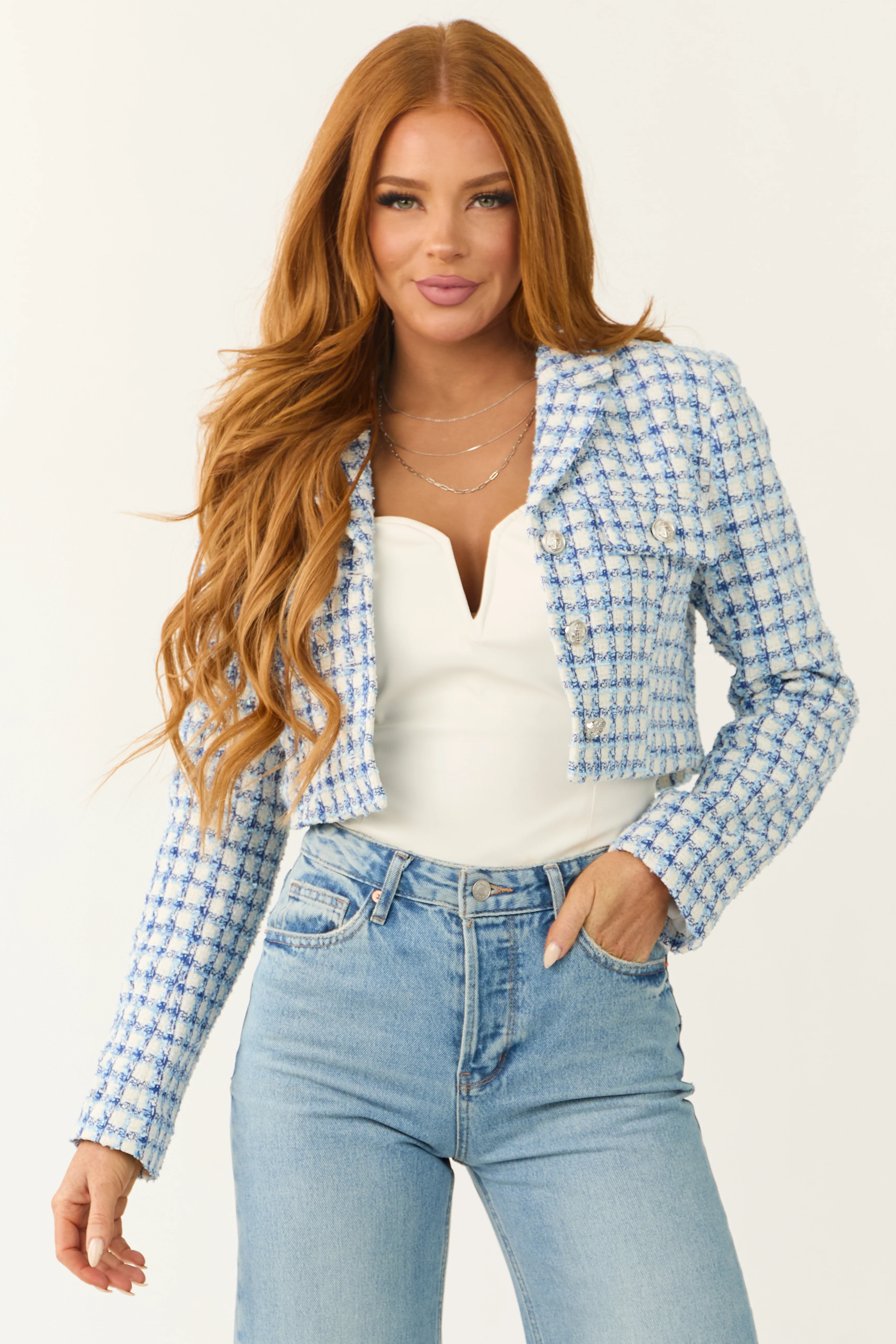 Sky Blue Tweed Plaid Button Down Cropped Jacket - LD SALE