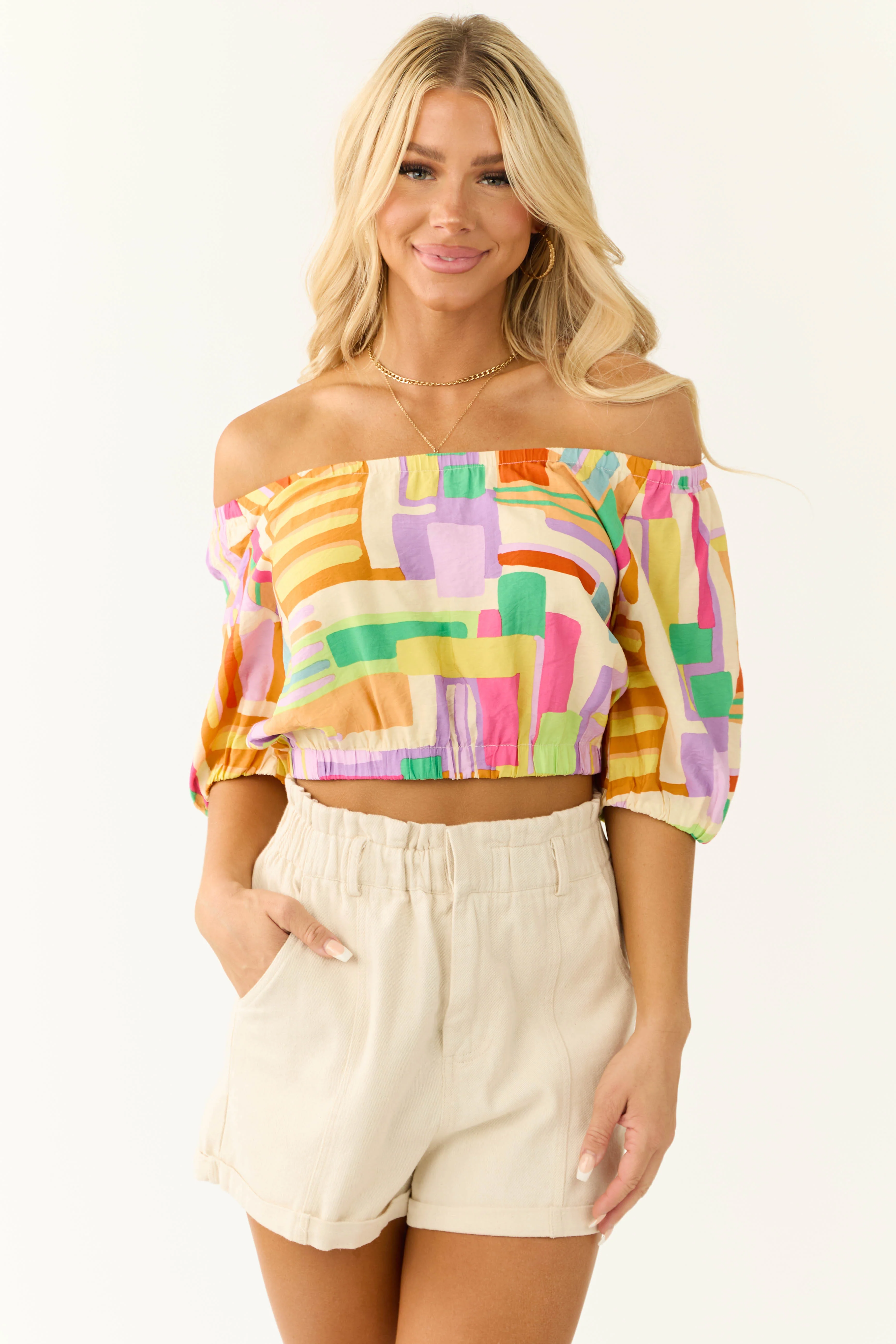 Cream Multicolor Geo Print Crop Top - LD SALE