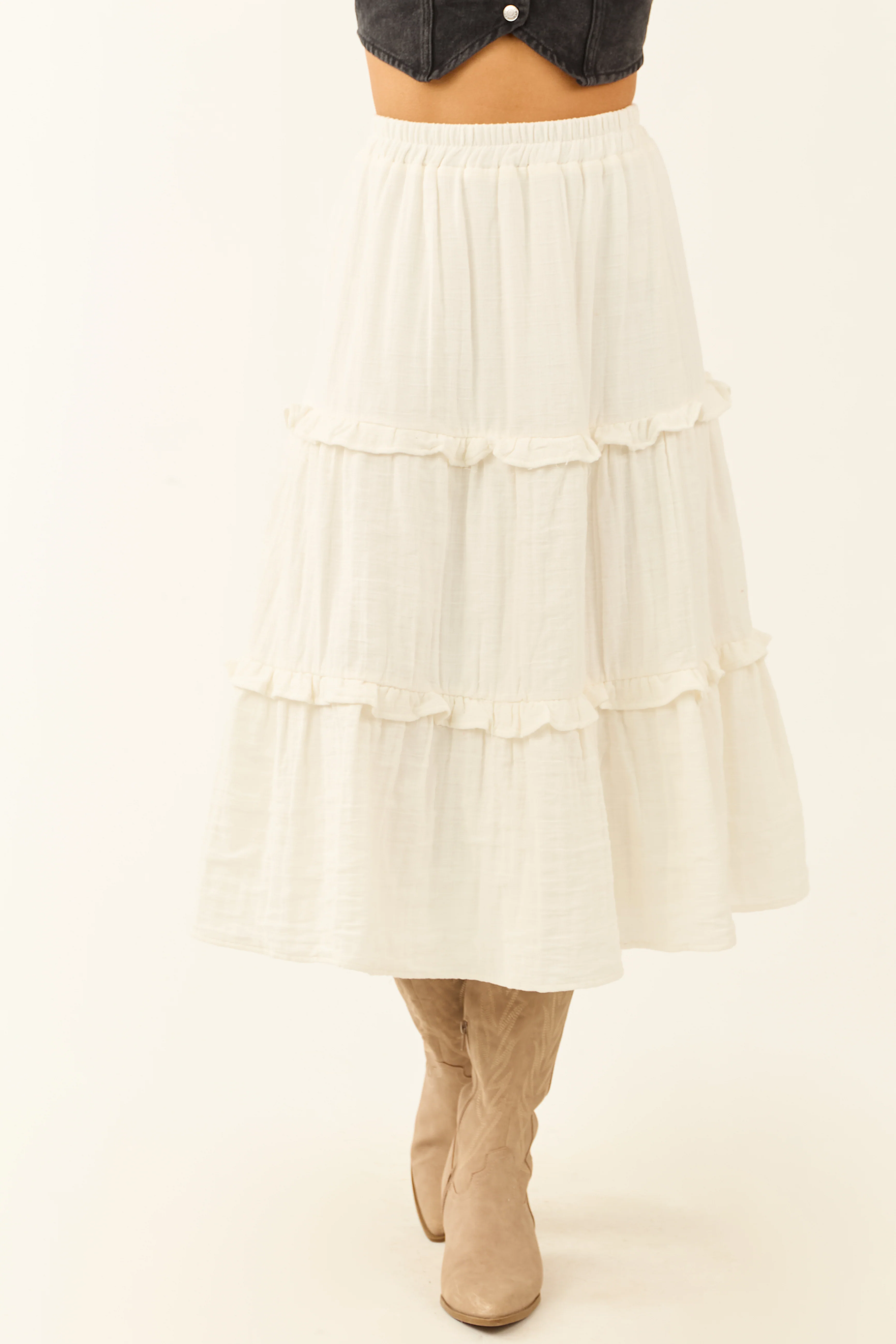 Ivory Tiered Frill Smocked Waist Midi Skirt - LD SALE