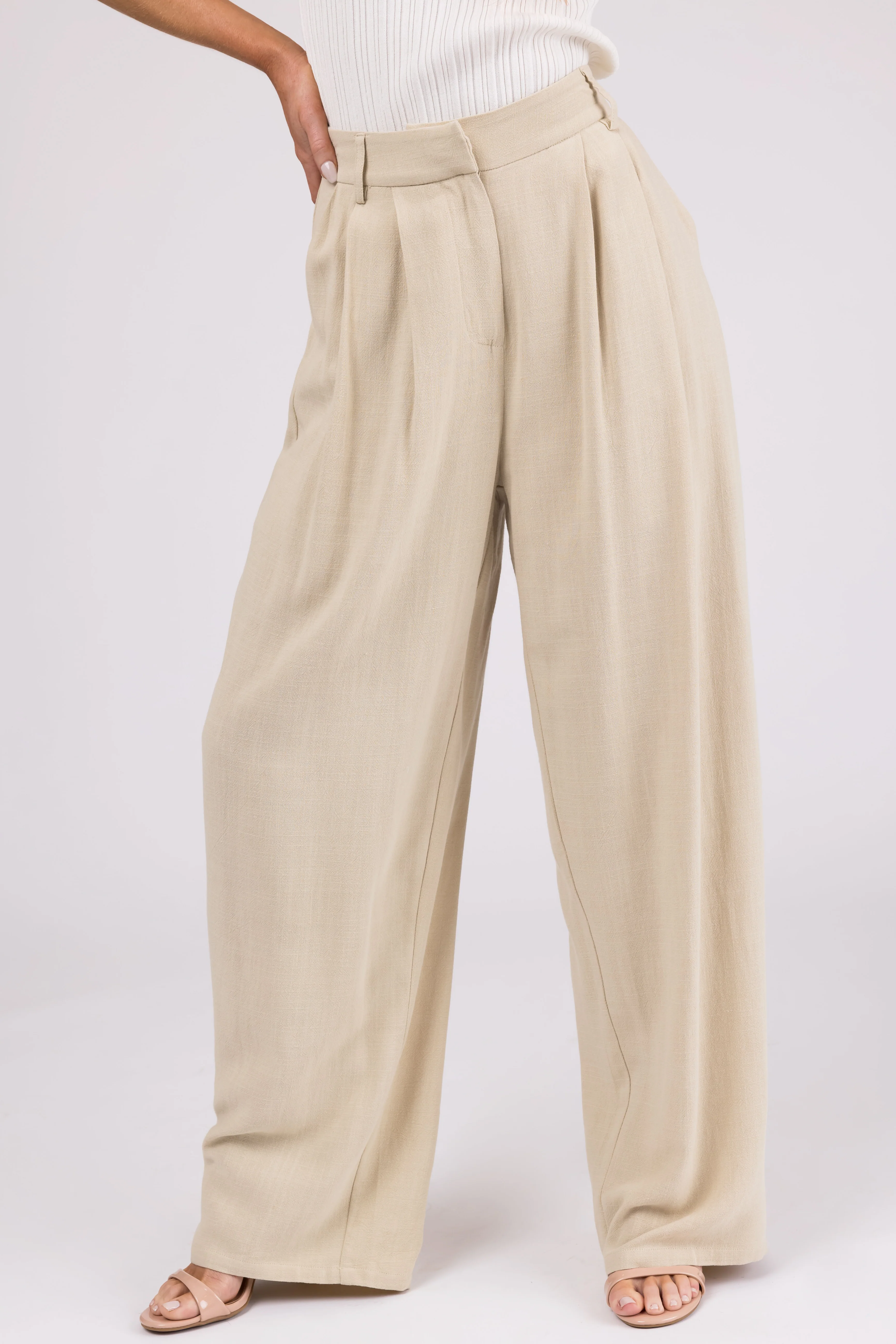 Sand Pleated Wide Leg Linen Blend Pants - LD SALE