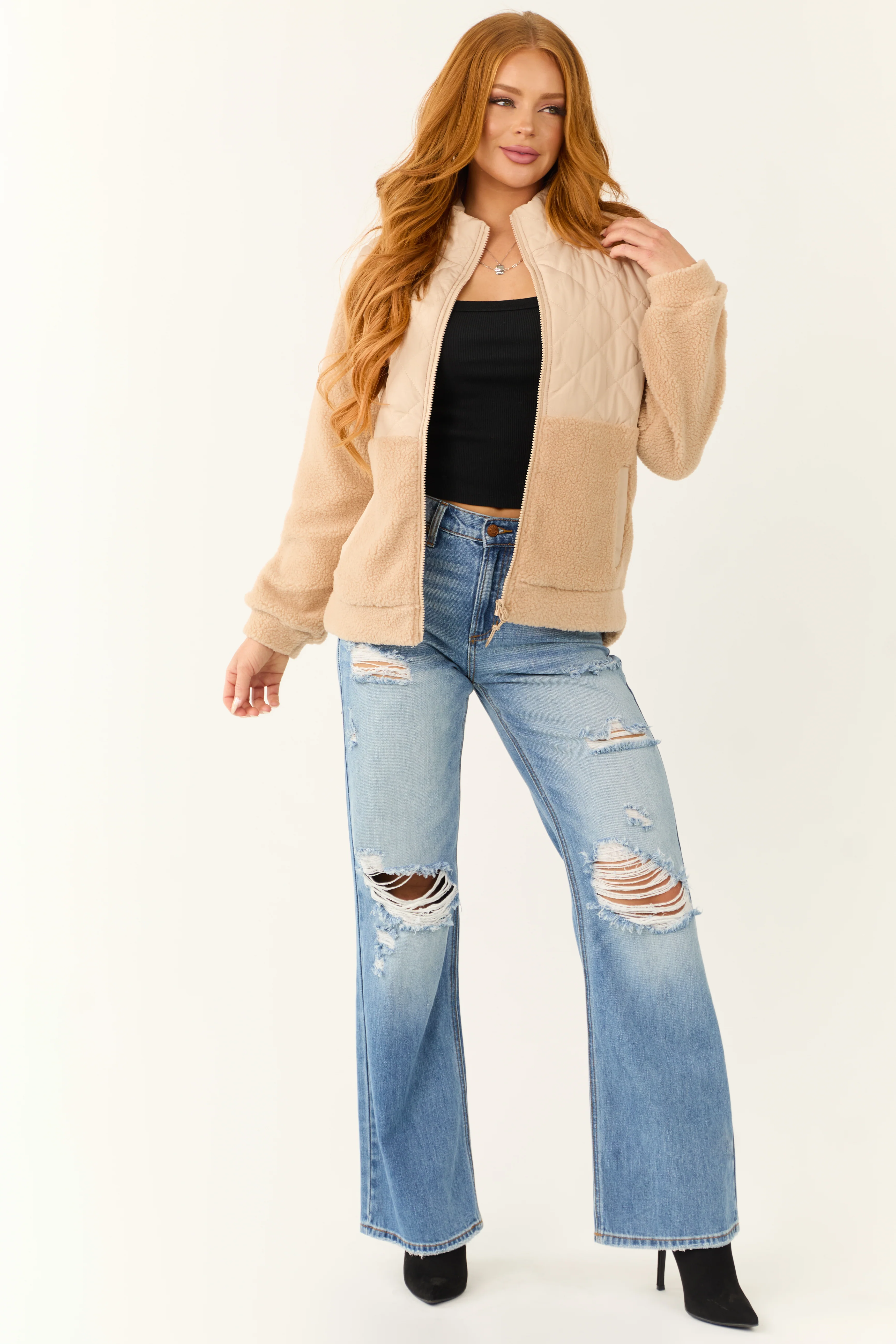 Beige Sherpa Quilted Zip Up Mock Neck Jacket - LD SALE