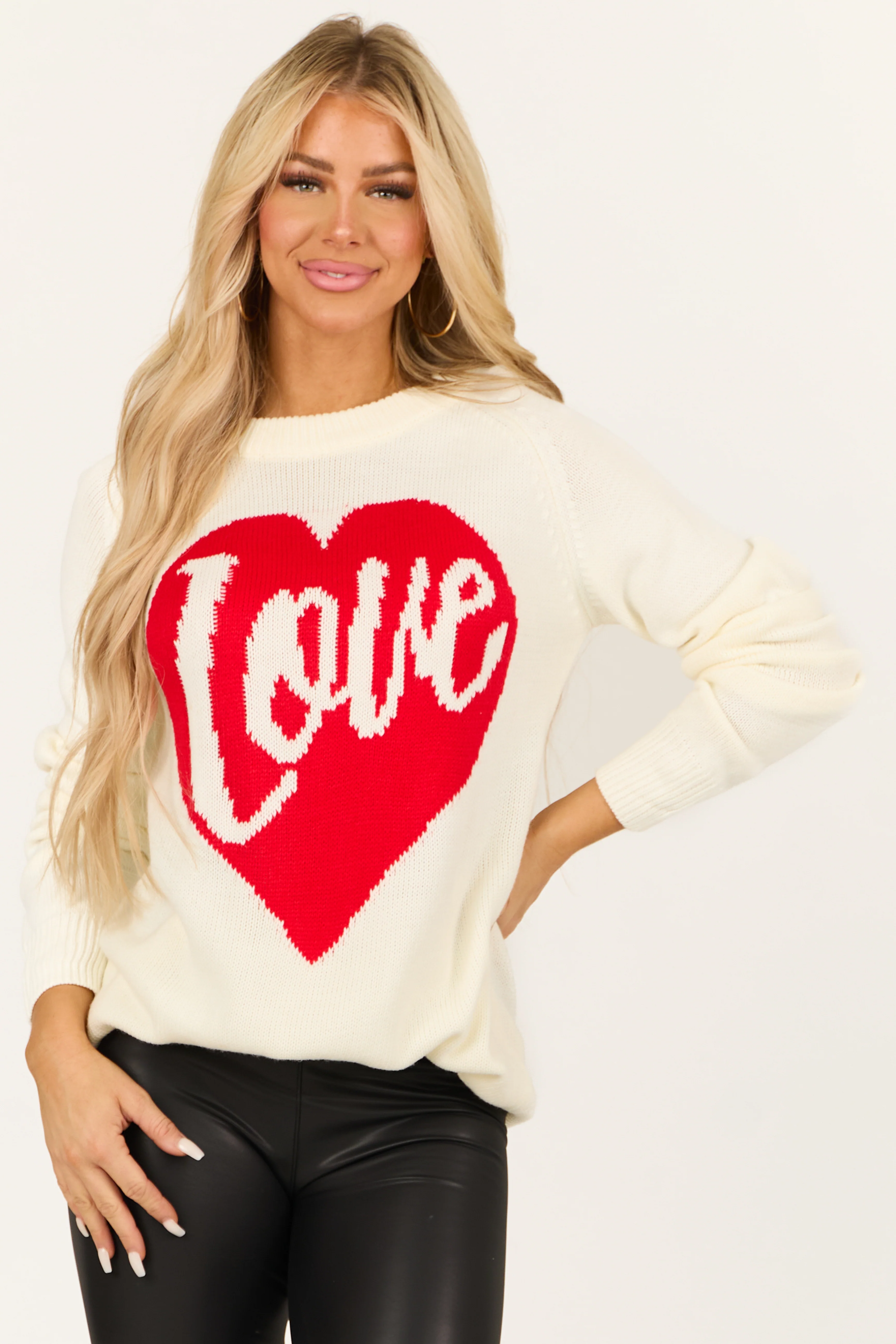 Cream 'Love' Heart Graphic Long Sleeve Sweater - LD SALE