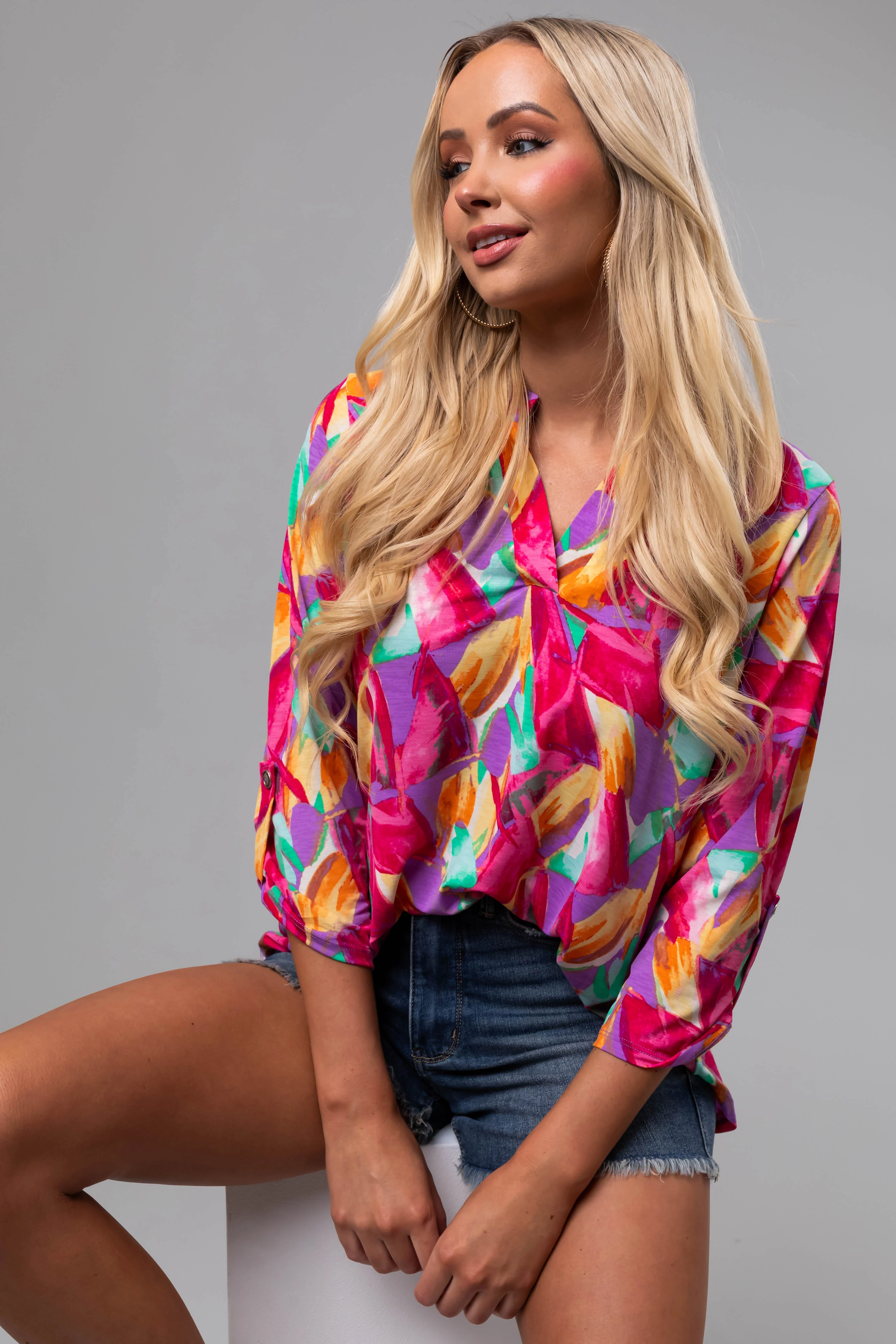 Multicolor Abstract Print 3/4 Sleeve Blouse - LD SALE