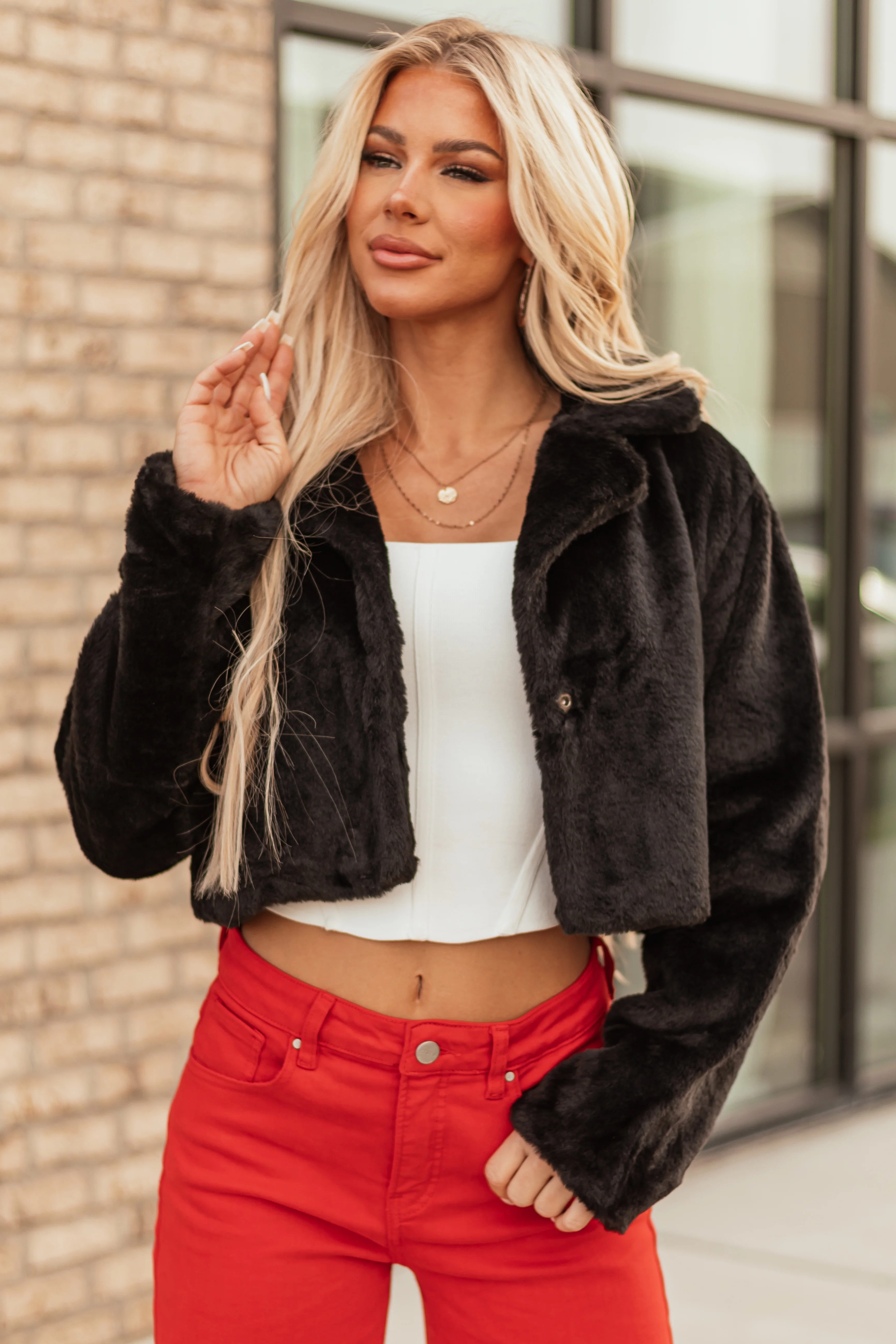 Black Faux Fur Long Sleeve Cropped Jacket - LD SALE