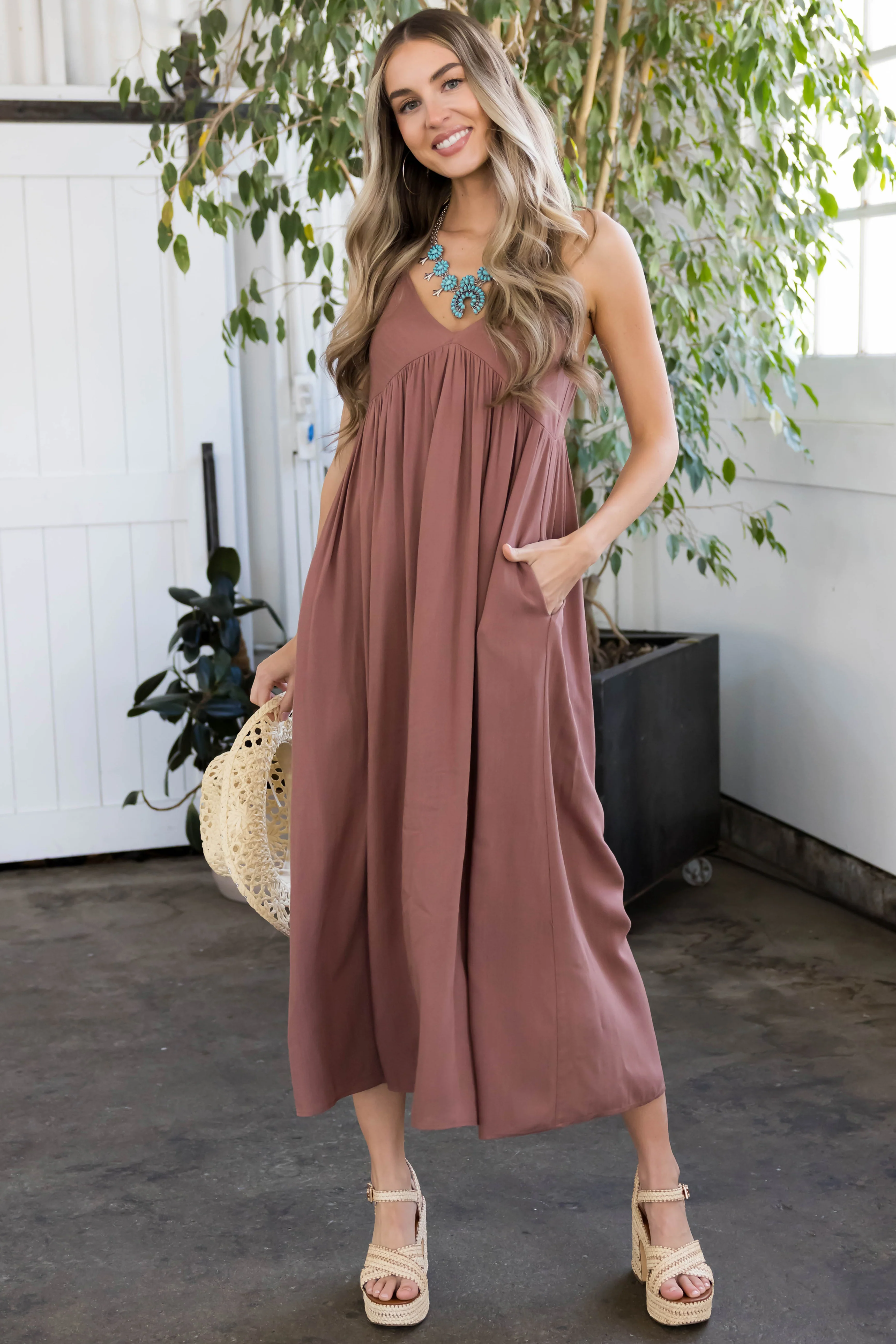Mocha Woven Strapless Flowy Midi Dress - LD SALE