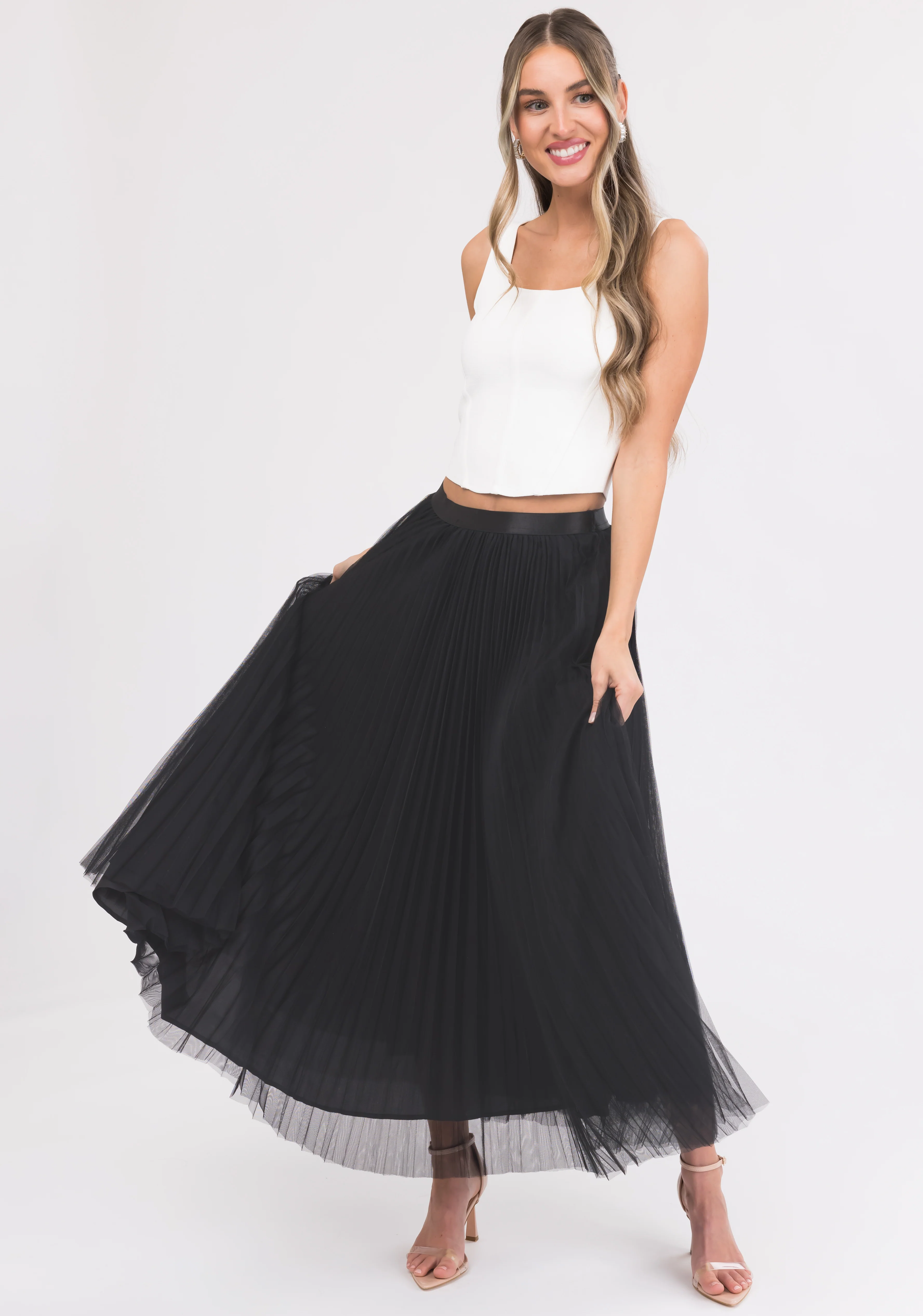 Black Pleated Tulle Elastic Waist Midi Skirt - LD SALE