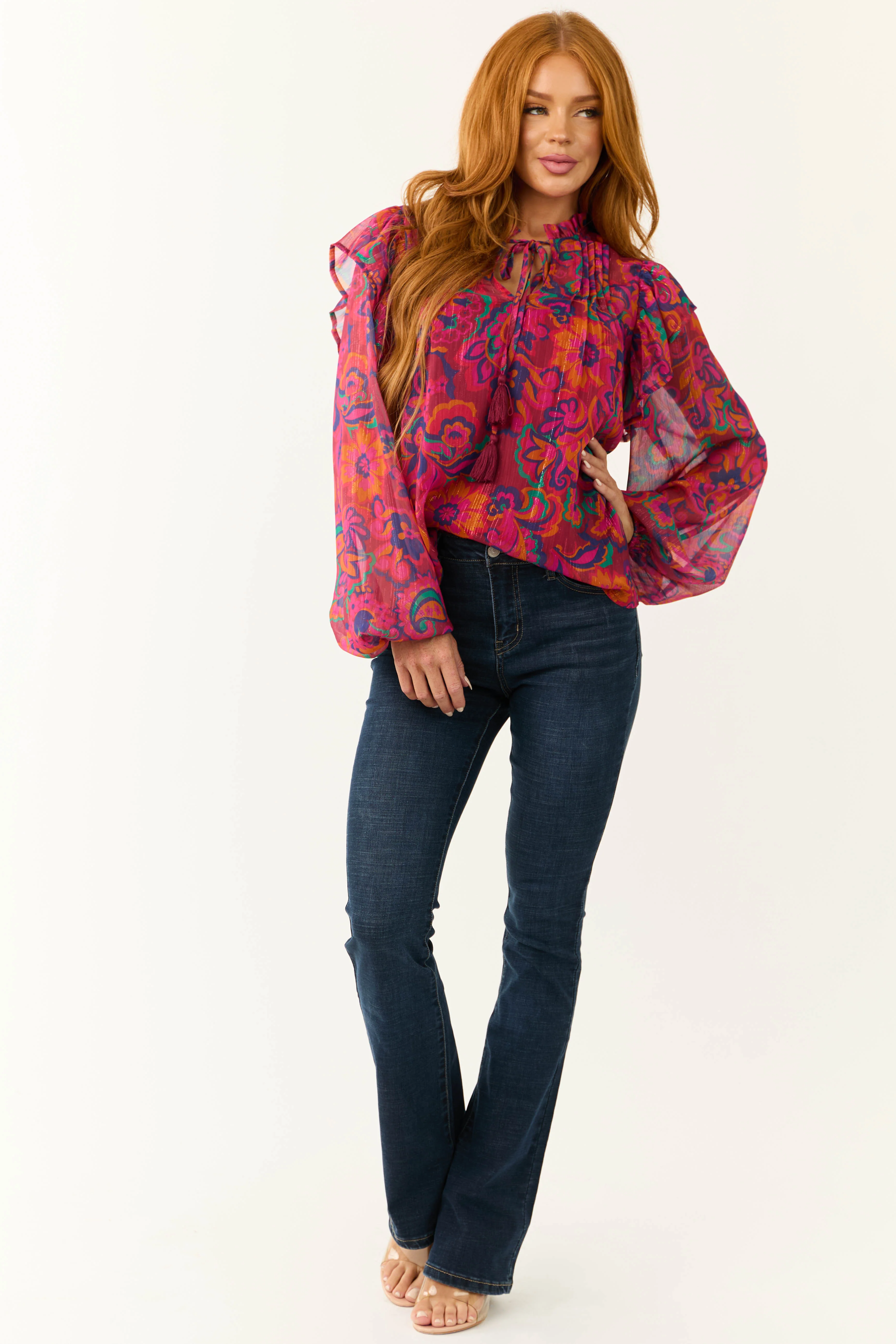 Flying Tomato Magenta Floral Print Ruffle Blouse - LD SALE