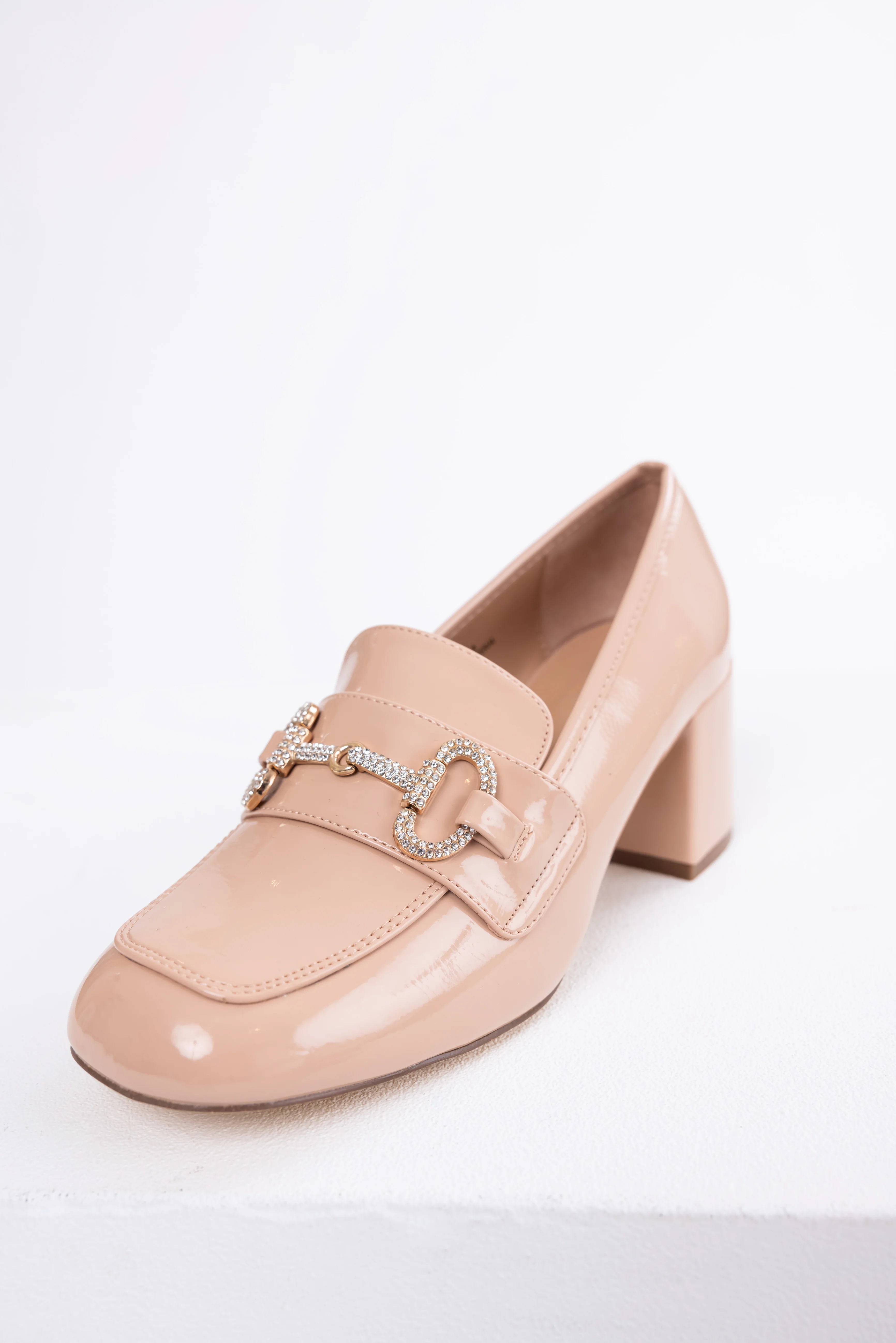 Nude Shiny Leather Block Heel Loafers - LD SALE