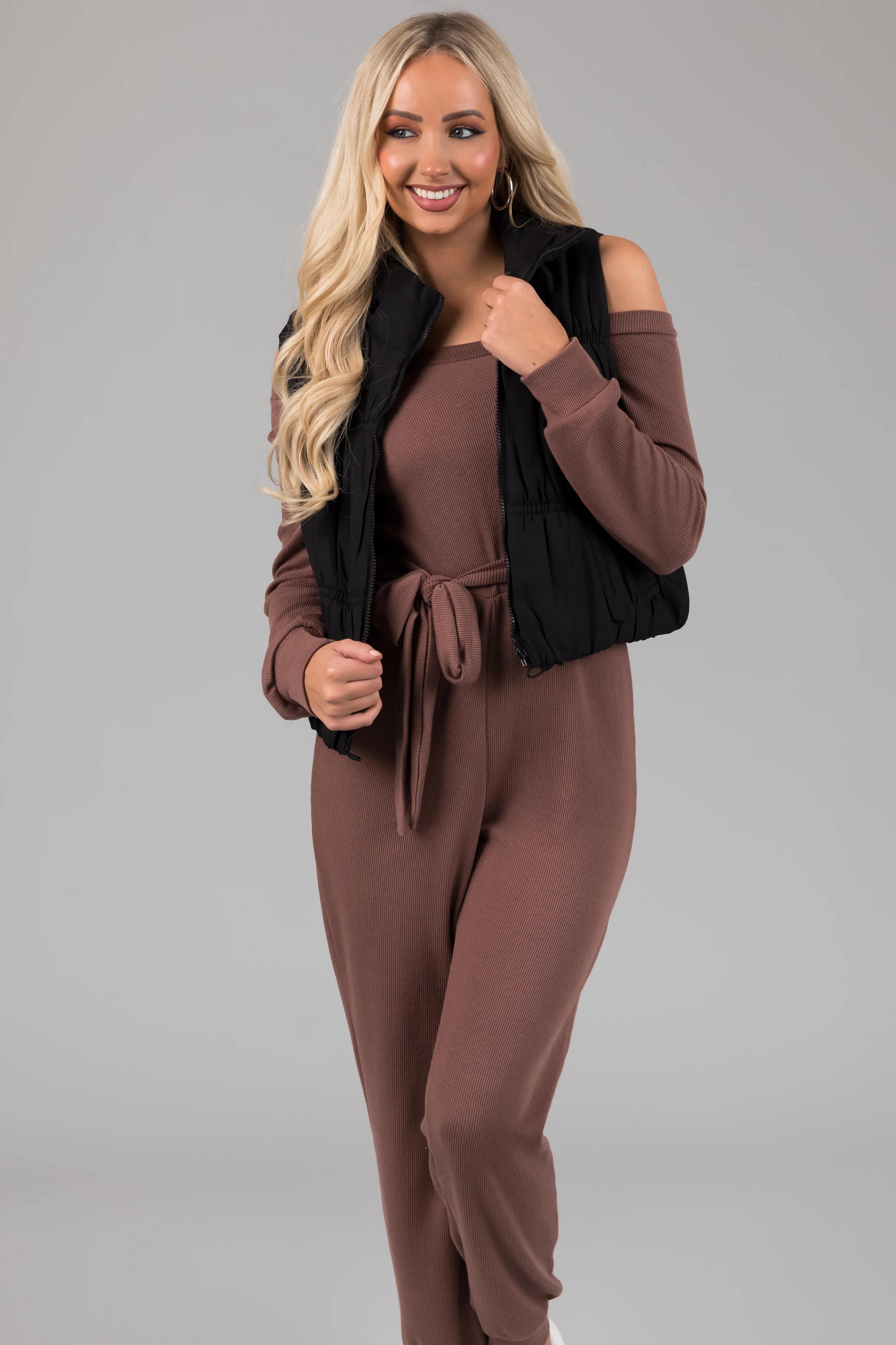 Black Zip Up Cinch Detail Puffer Vest - LD SALE