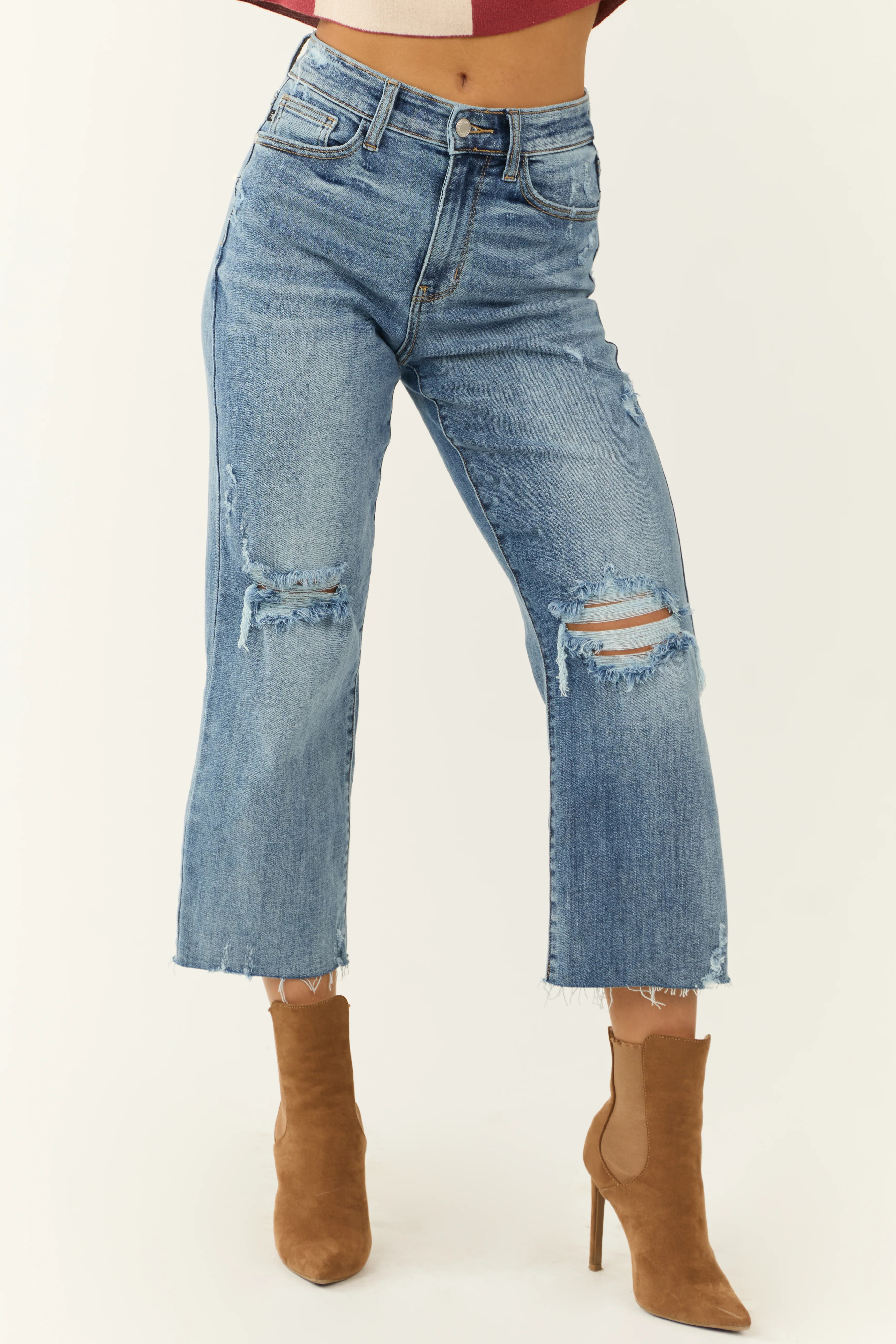 Judy Blue Light Wash Distressed Wide Crop Jeans - LD SALE