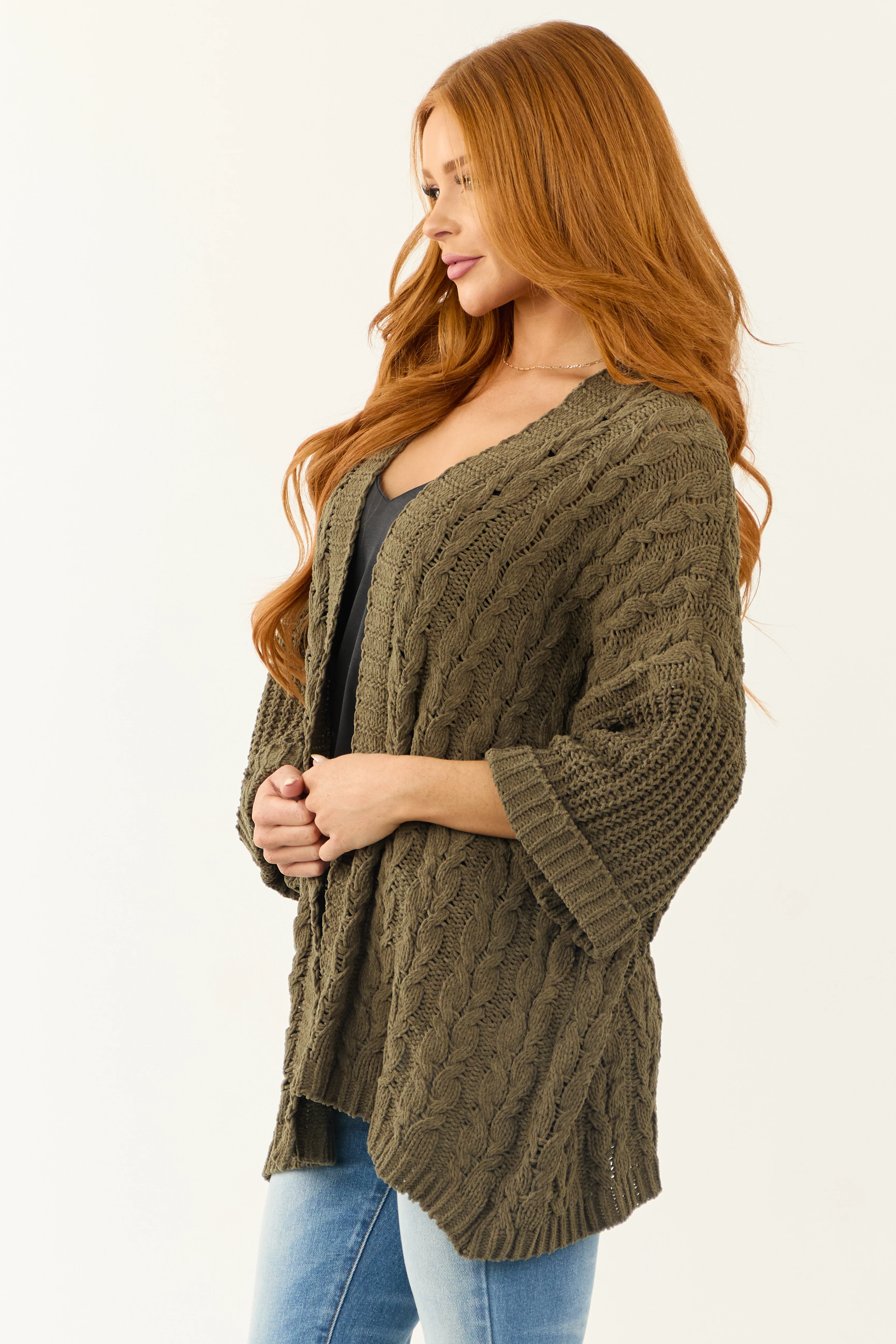 Army Green Cable Knit 3/4 Sleeve Cardigan - LD SALE