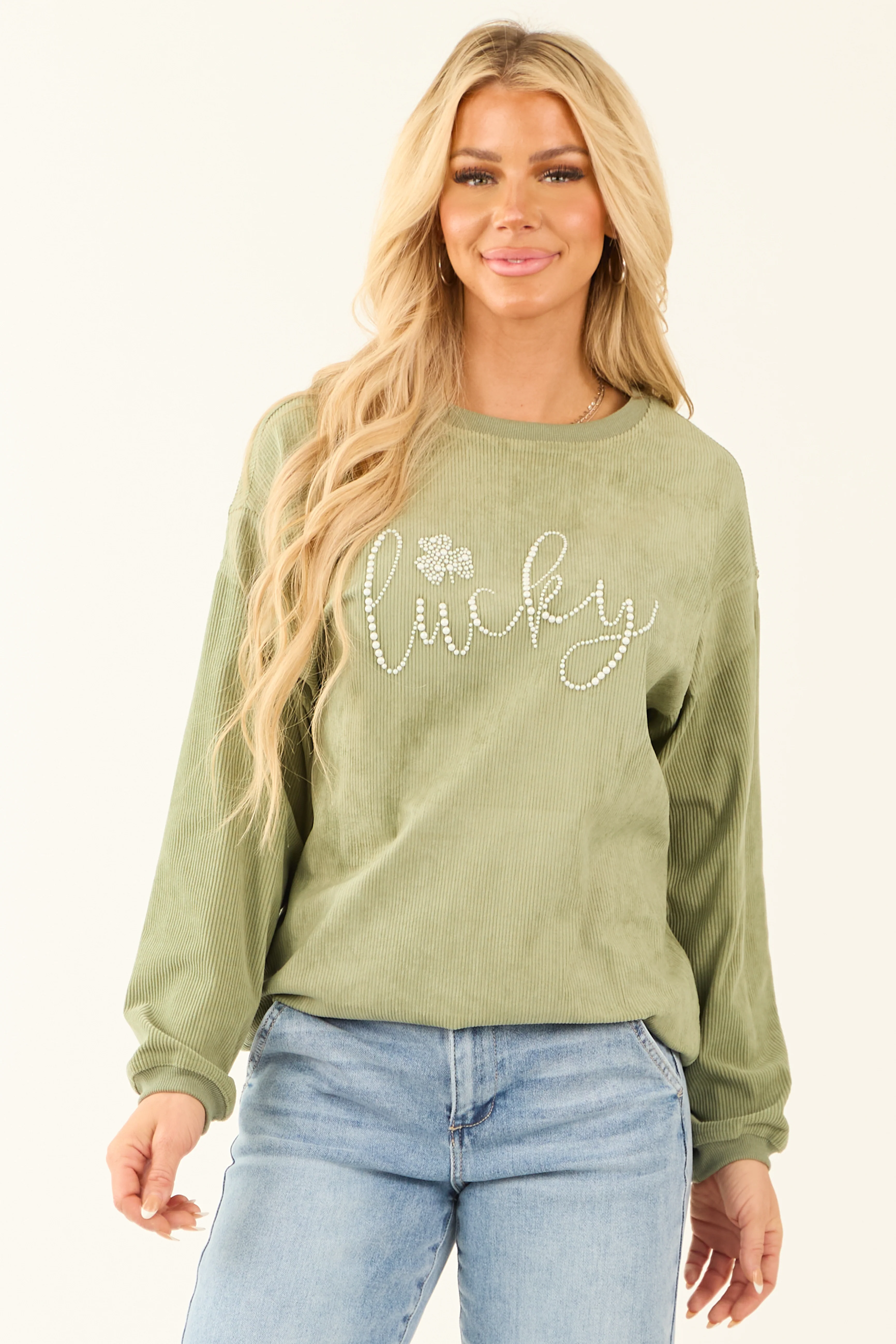 Sage 'Lucky' Pearl Embellished Ribbed Sweatshirt - LD SALE