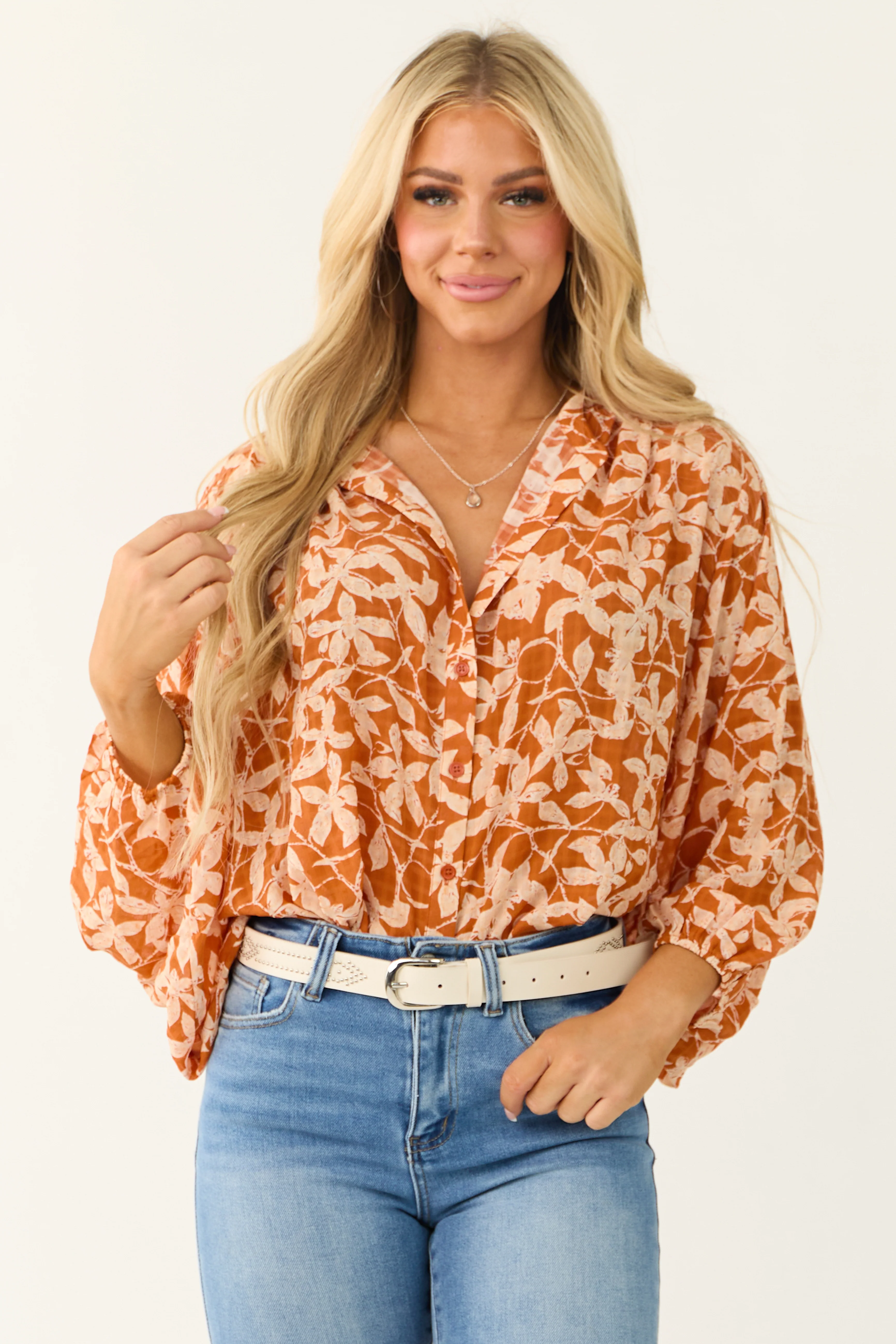 Sedona and Apricot Floral Print Buttoned Top - LD SALE