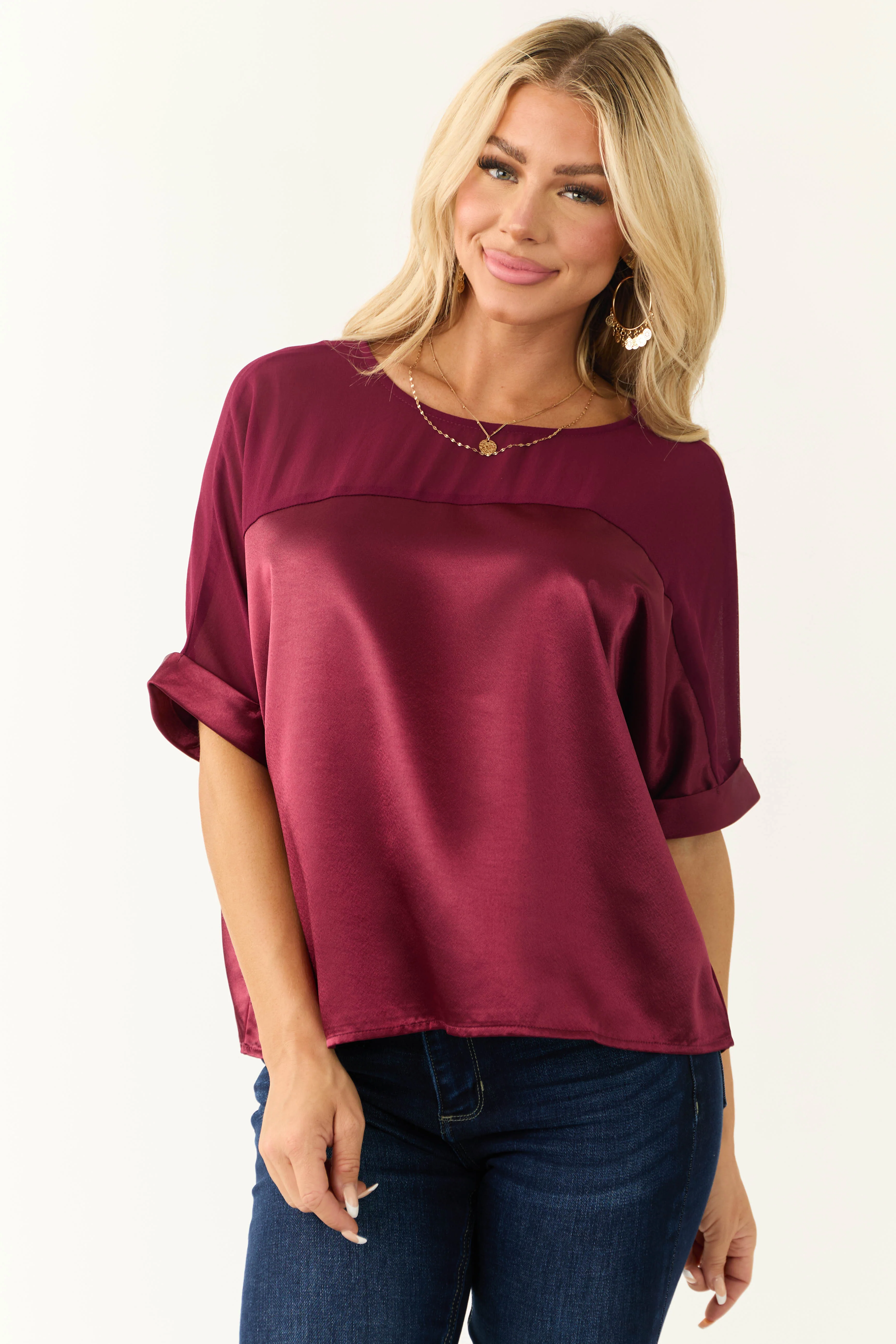 Wine Contrast Yoke Cuffed Sleeve Satin Blouse - LD SALE