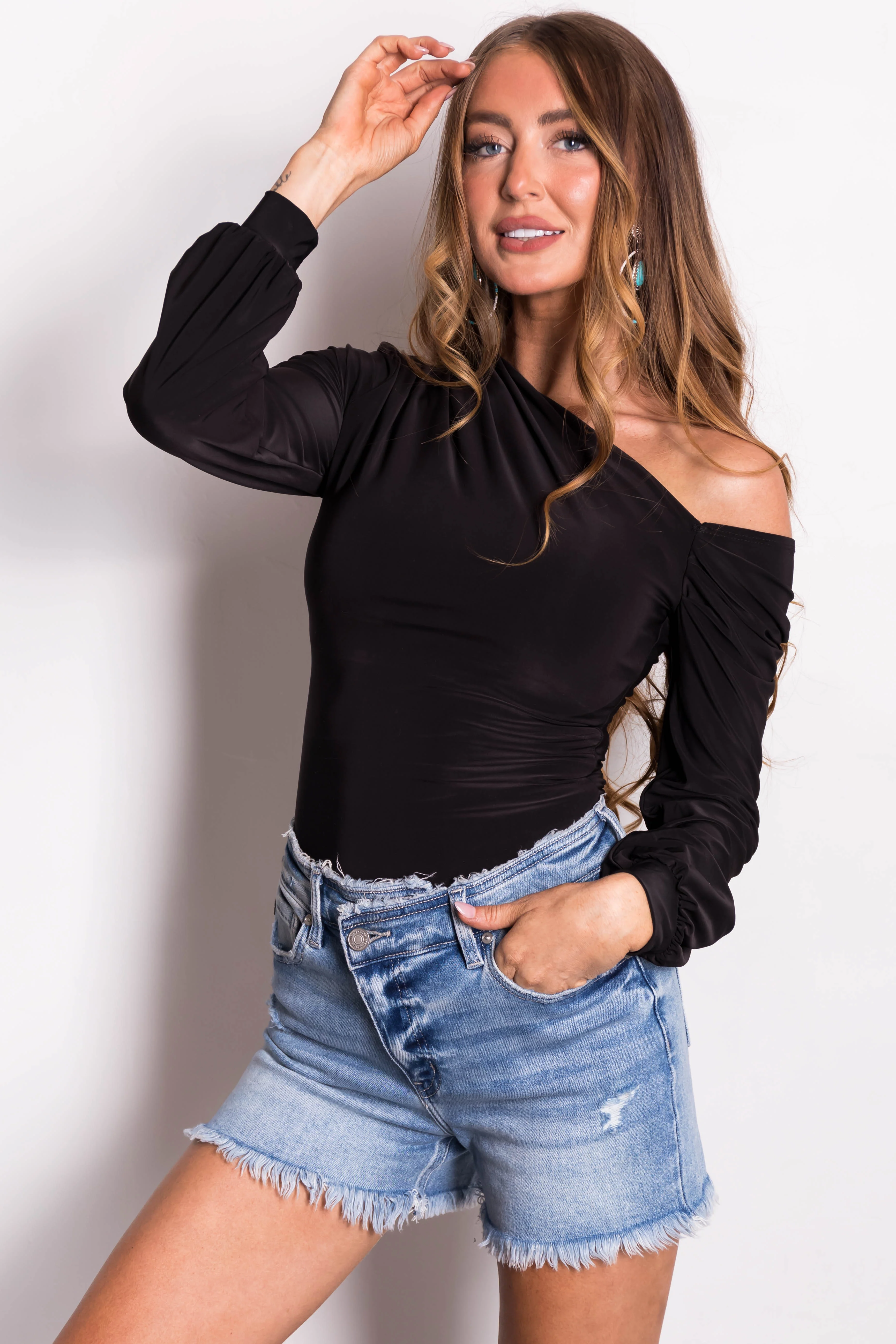 Black Off Shoulder Long Sleeve Bodysuit - LD SALE