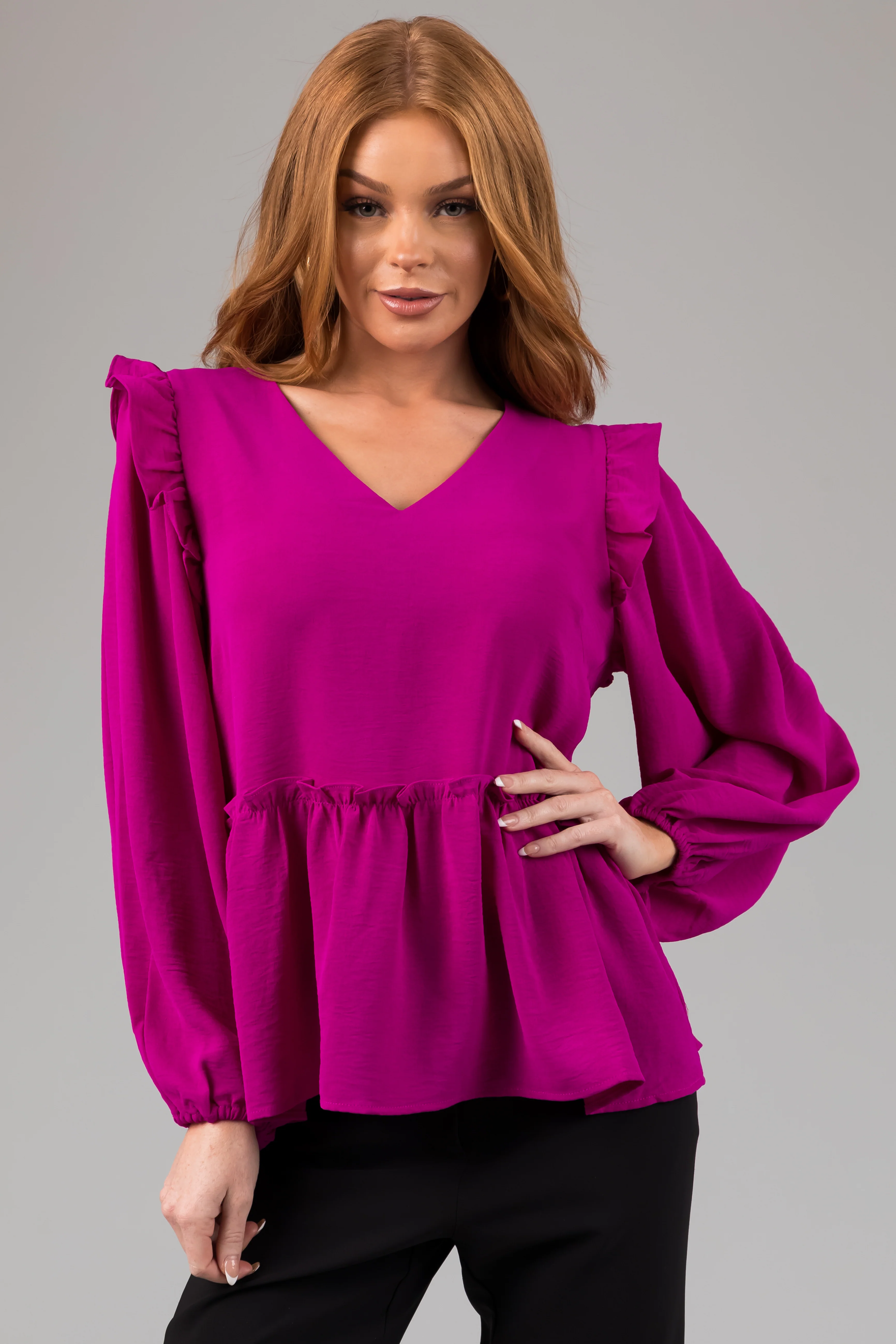Fuchsia Drop Waist Bubble Sleeve Blouse - LD SALE