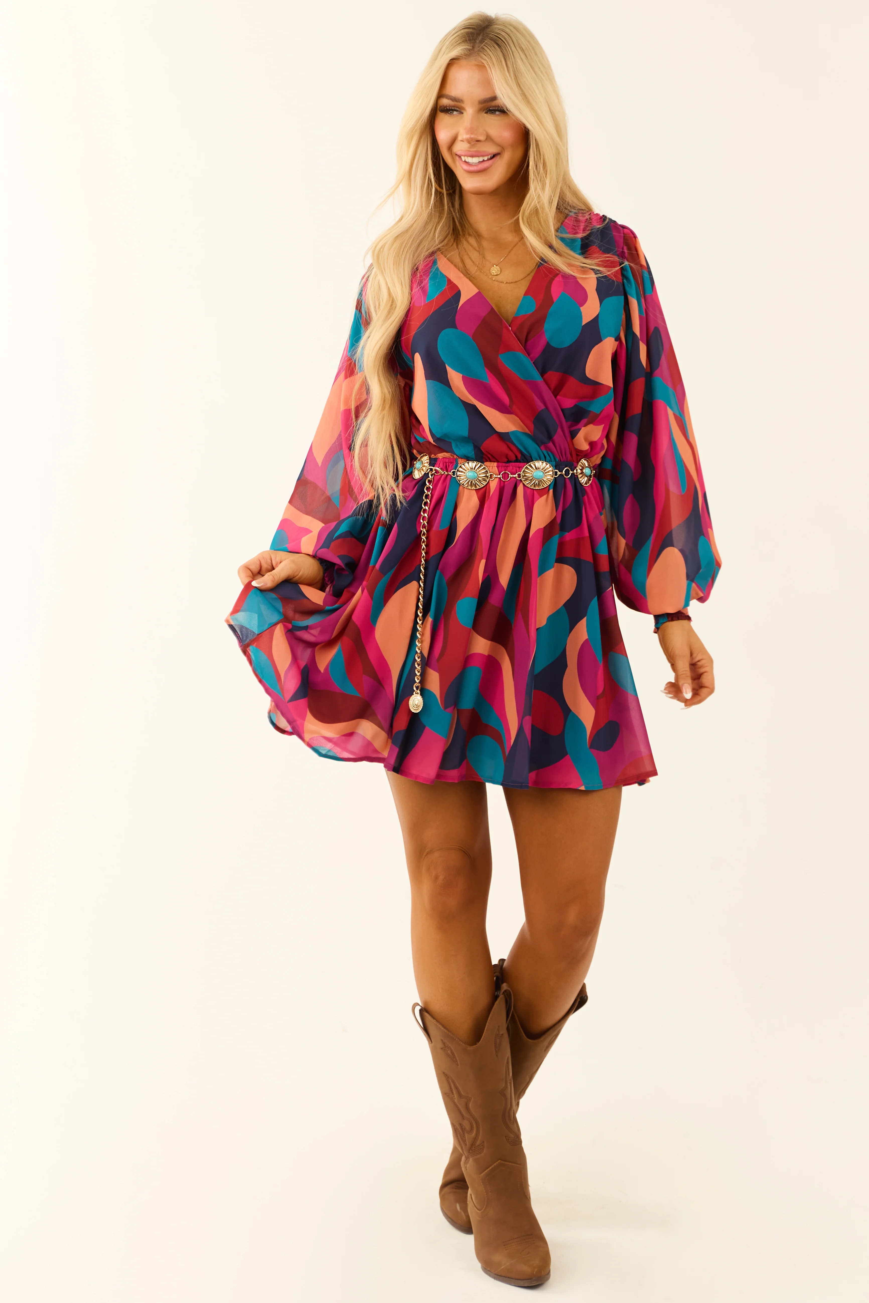 Flying Tomato Berry Abstract Print Mini Dress with Waist Tie - LD SALE
