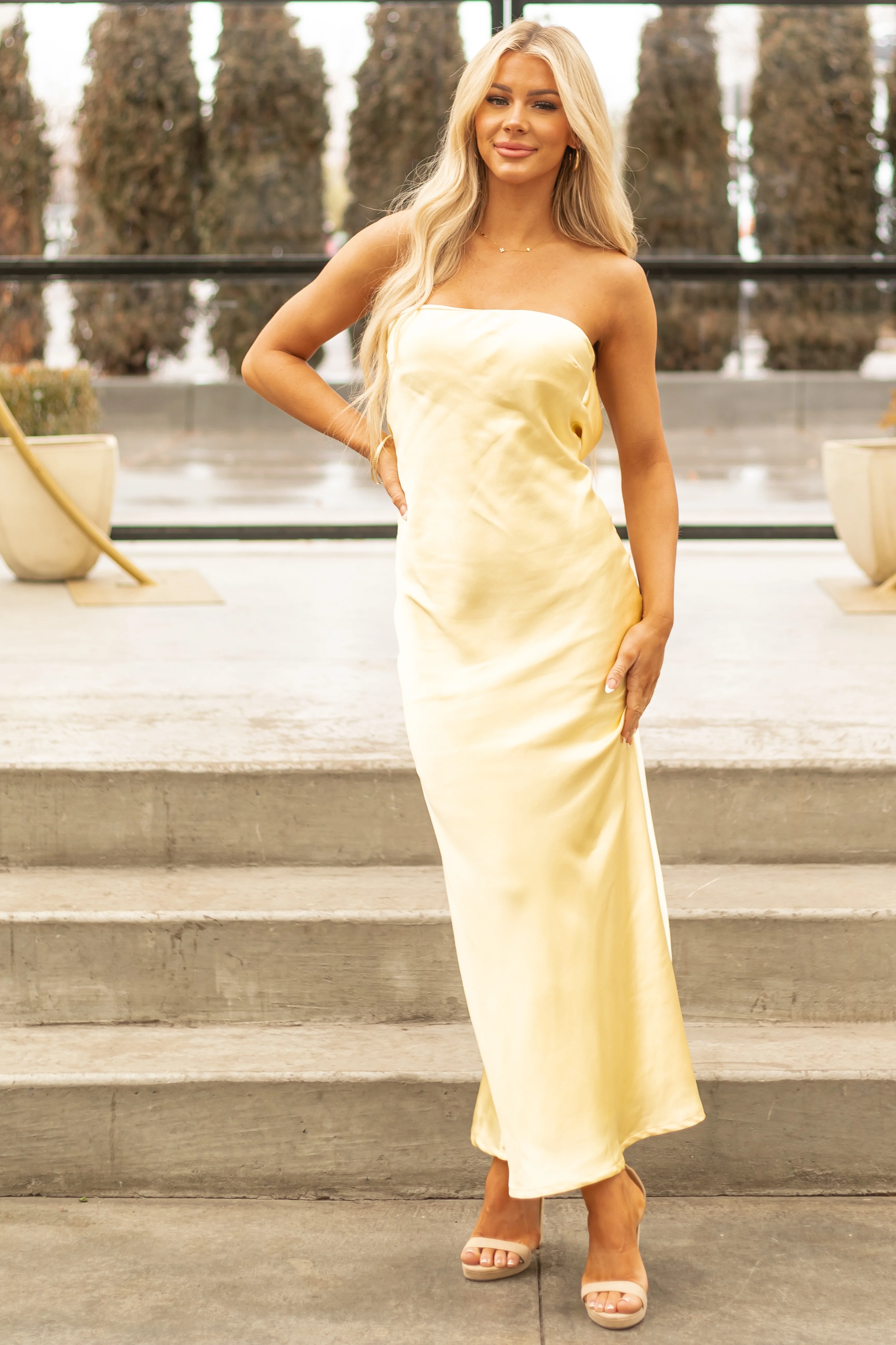 Pastel Yellow Satin Slip Strapless Maxi Dress - LD SALE