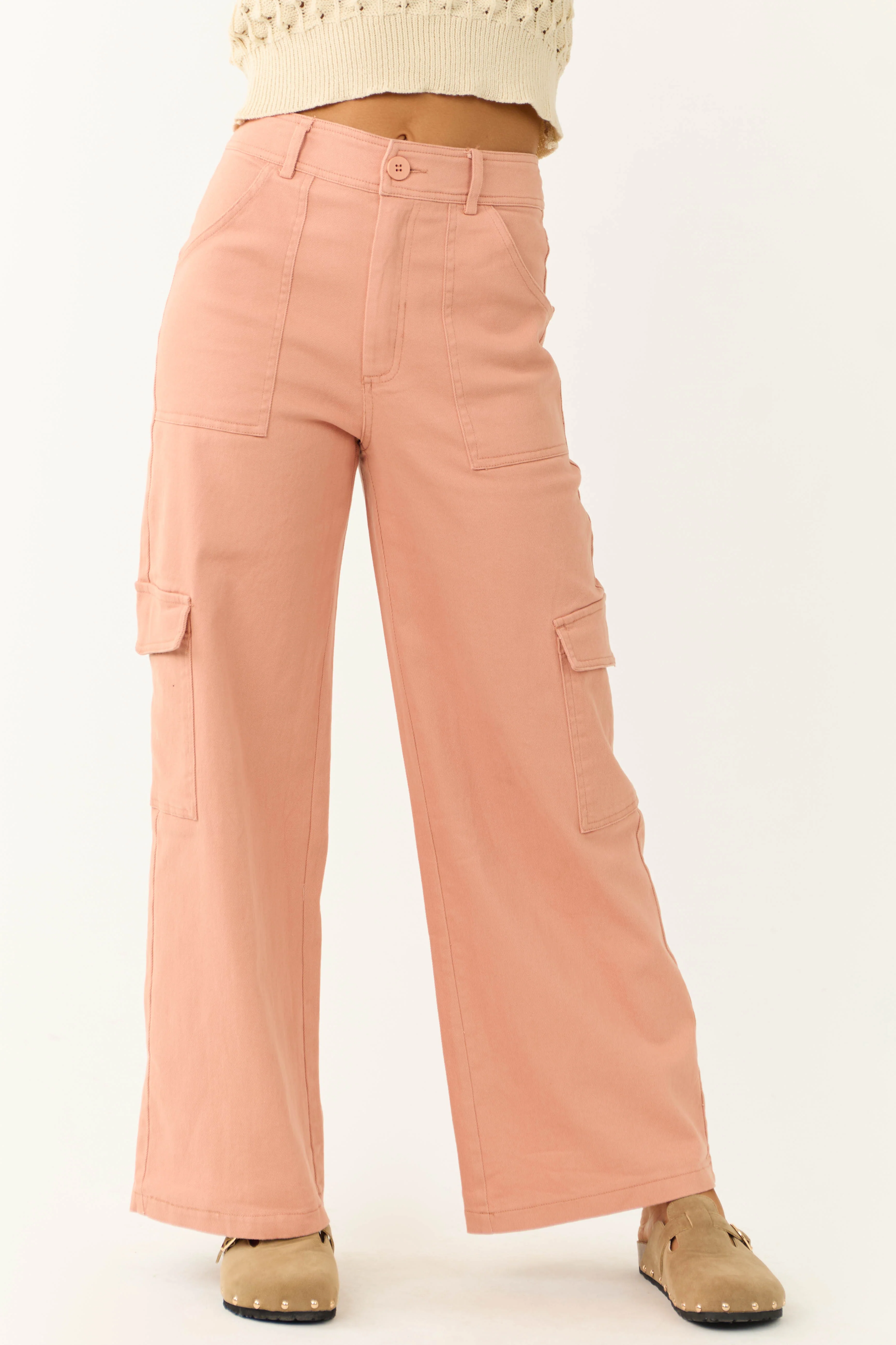 Peach Twill Wide Leg High Waisted Cargo Pants - LD SALE
