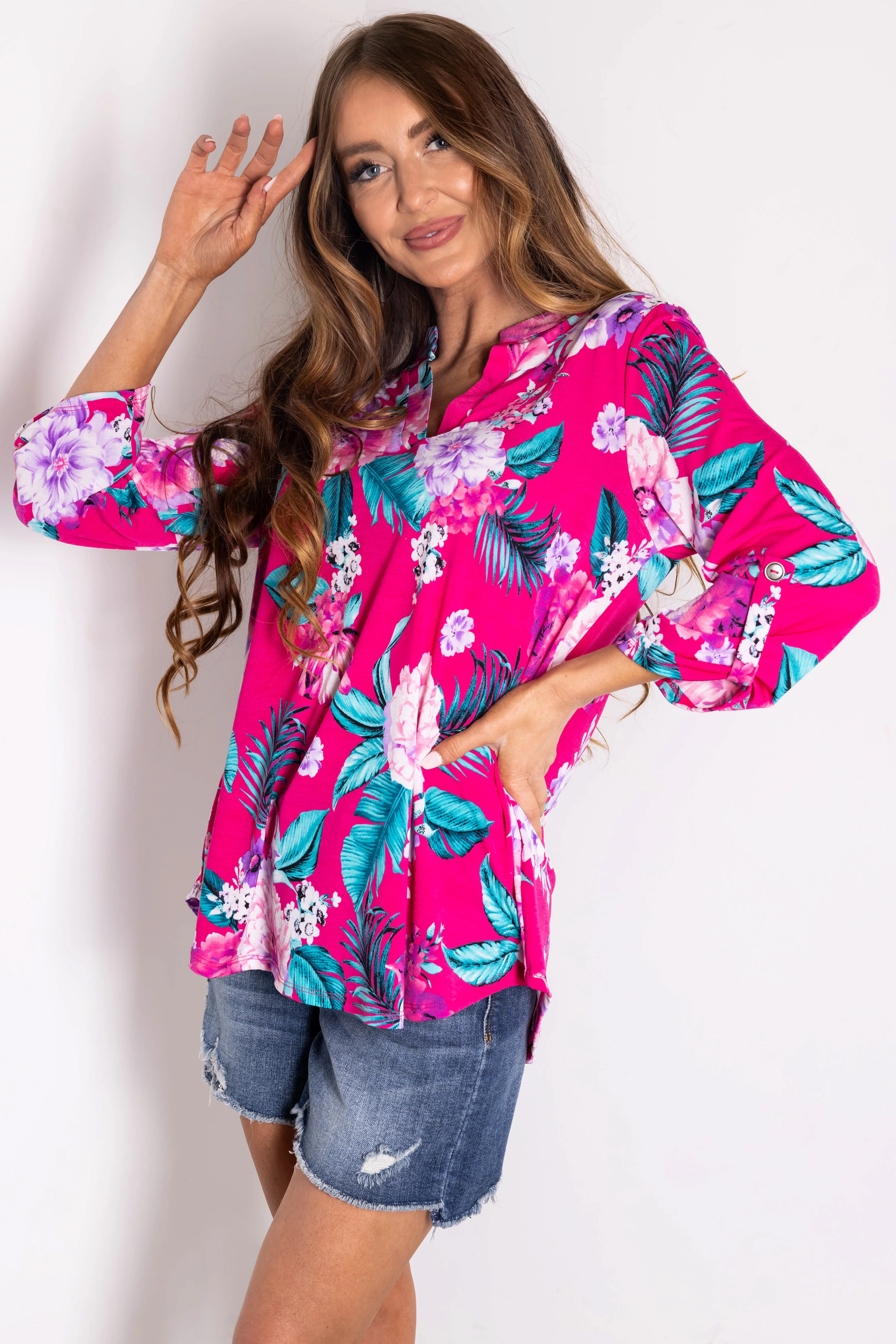 Magenta Floral Print 3/4 Sleeve V Neck Top - LD SALE