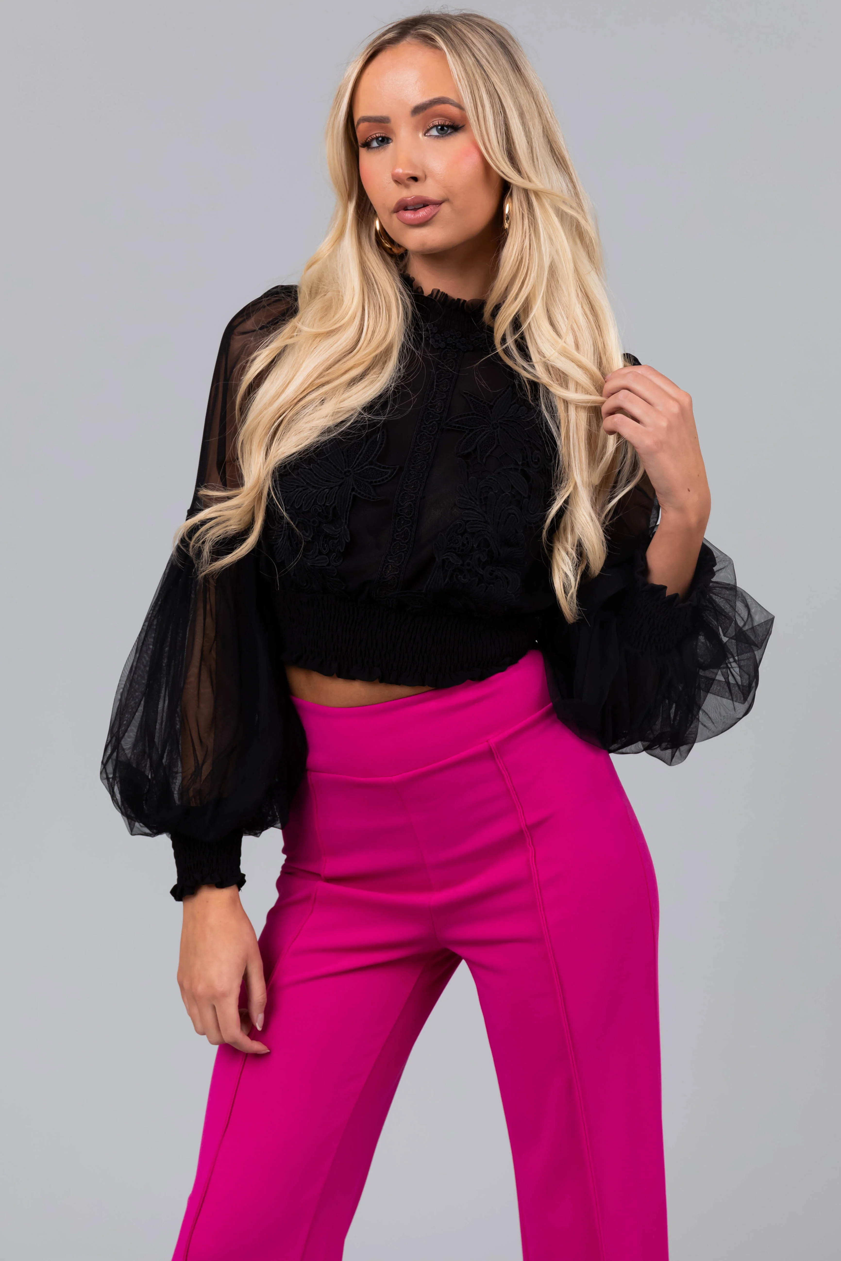 Black Tulle Puff Sleeve Crochet Lace Crop Top - LD SALE