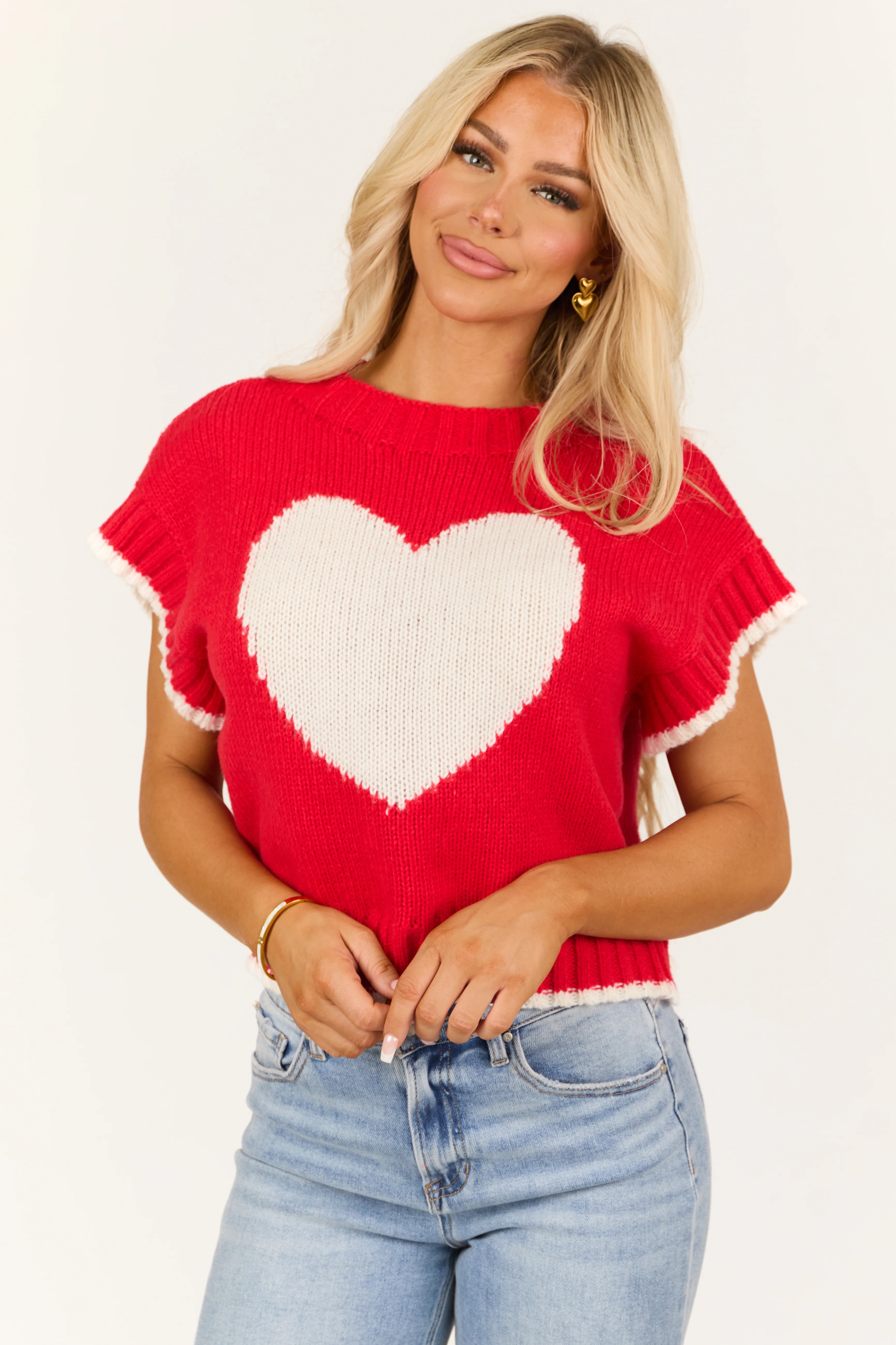 Bright Lipstick Heart Graphic Short Sleeve Sweater - LD SALE